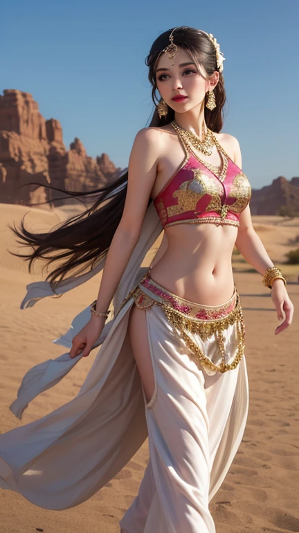 Masterpiece, (best quality: 1.3), super high resolution, original photos, detailed skins, beautiful lighting, (realistic, realistic: 1.4), 1girl, Dunhuang, Gobi Desert