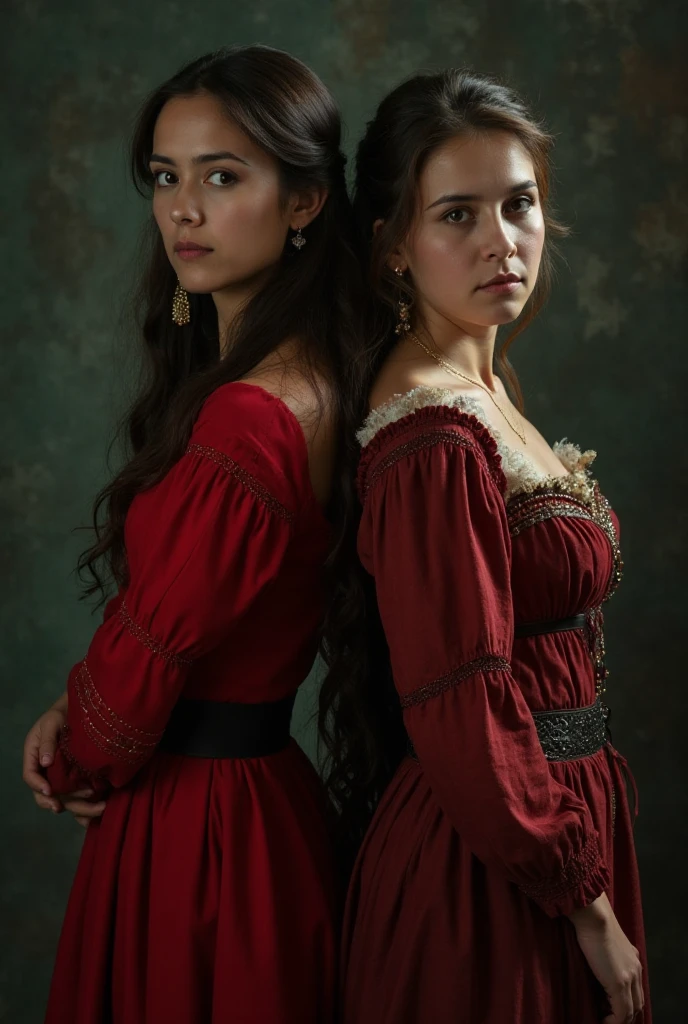 In a captivating exhibition of classical Italian art, two mature friends of stunning beauty, with a splendid figure and fair complexion, they caress each other. They dress with two pieces of  red fabrics that reveal their voluptuous curves. Broken clothes covered by  red and green cups, they reveal a deep cleavage, This exquisite portrait, similar to a Jan Saudek Style Photograph, show the attractive features of women with grace and charm. The background in a warm colored bedroom interior , ochre and green . Detailed brushstrokes enhance the delicate textures of her attire and the softness of her skin, creating a fascinating, high-quality image, timeless and captivating. The combination of realistic textures with dreamlike elements creates a sense of mystery, transcendence and an invitation to travel into the unknown and create a visual masterpiece of great quality and captivating beauty, In a warm inner world of dreams, and with many details, magical realism, Canon eos 5d mark 4 , lighting by Rembrandt. (dark realism 0,5 stat 1 int 1)