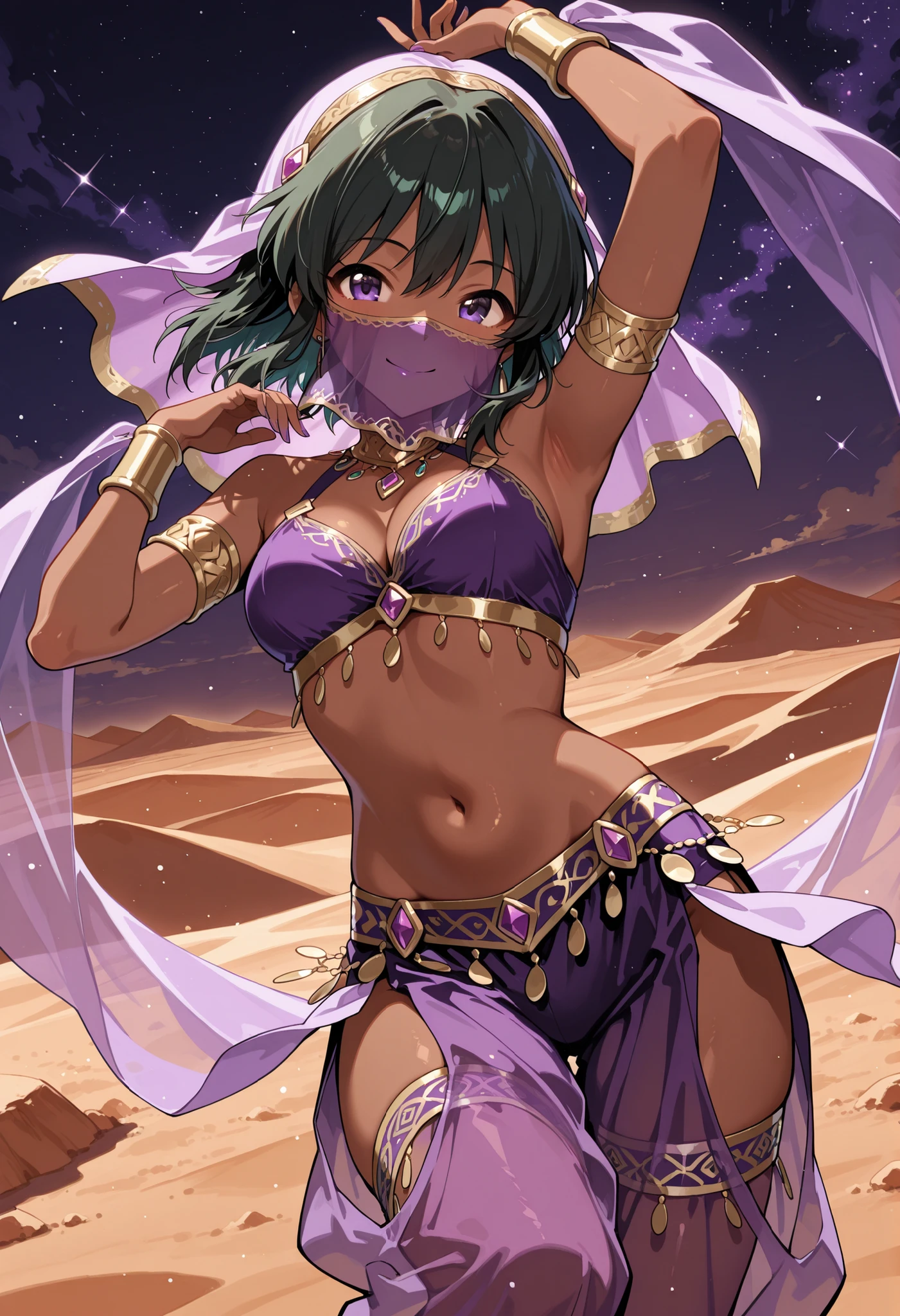 Score_9, score_8_up, score_7_up, source_anime, natalia/(idolmaster/), solo, short hair, dark green hair, purple eyes, dark skin, (best quality), (high quality), {masterpiece}, extremely delicate and beautiful, ultra-detailed, beautiful detailed eyes, purple arabian clothes, dancer, purple mouth veil, belly dancing, armlet, dancing, purple see-through harem pants, desert background, night, smile, closed mouth