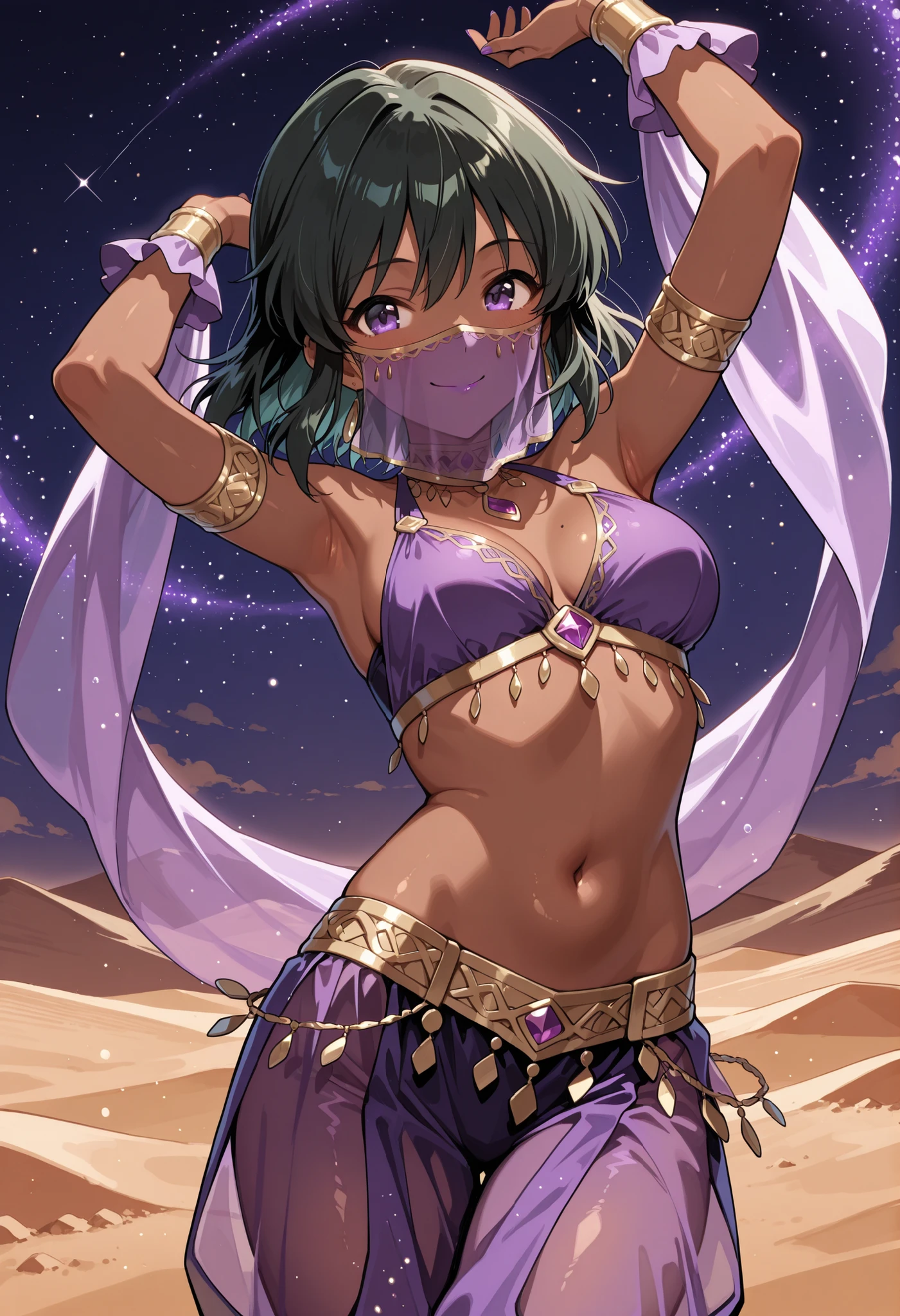 Score_9, score_8_up, score_7_up, source_anime, natalia/(idolmaster/), solo, short hair, dark green hair, purple eyes, dark skin, (best quality), (high quality), {masterpiece}, extremely delicate and beautiful, ultra-detailed, beautiful detailed eyes, purple arabian clothes, dancer, purple mouth veil, belly dancing, armlet, dancing, purple see-through harem pants, desert background, night, smile, closed mouth