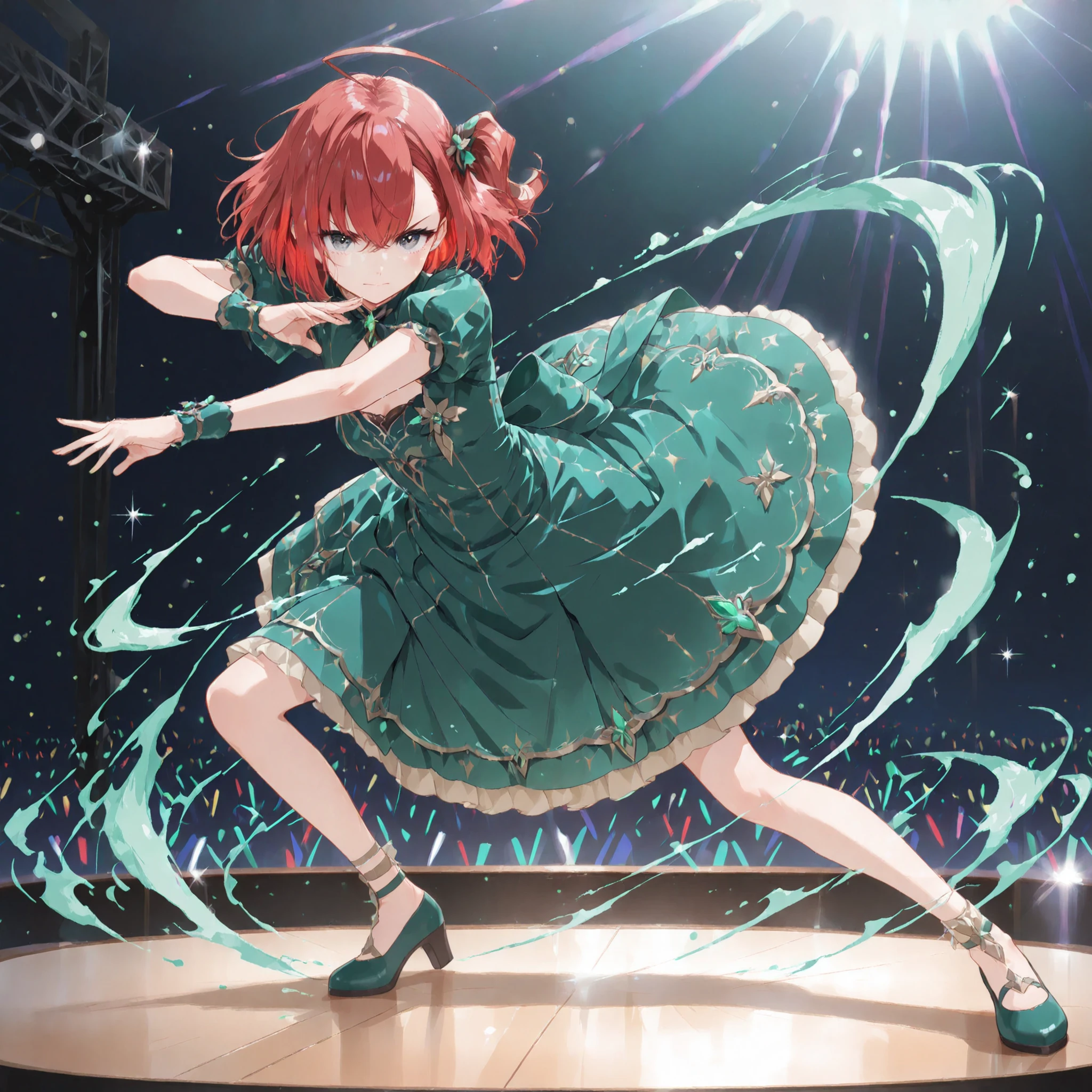 best quality, amazing quality,masterpiece,absurdres,ultra detailed,Cool Pose, High Quality, High Resolution ,High Definition,lynee, grey eyes, red hair, short hair, one side up, ahoge, hair ornament,emerald green celestial dress,soft fabric,fullbody,detailed eyes,anime eyes,high detail eyes,multicolored iris,detailed iris,anime style,dance,on stage