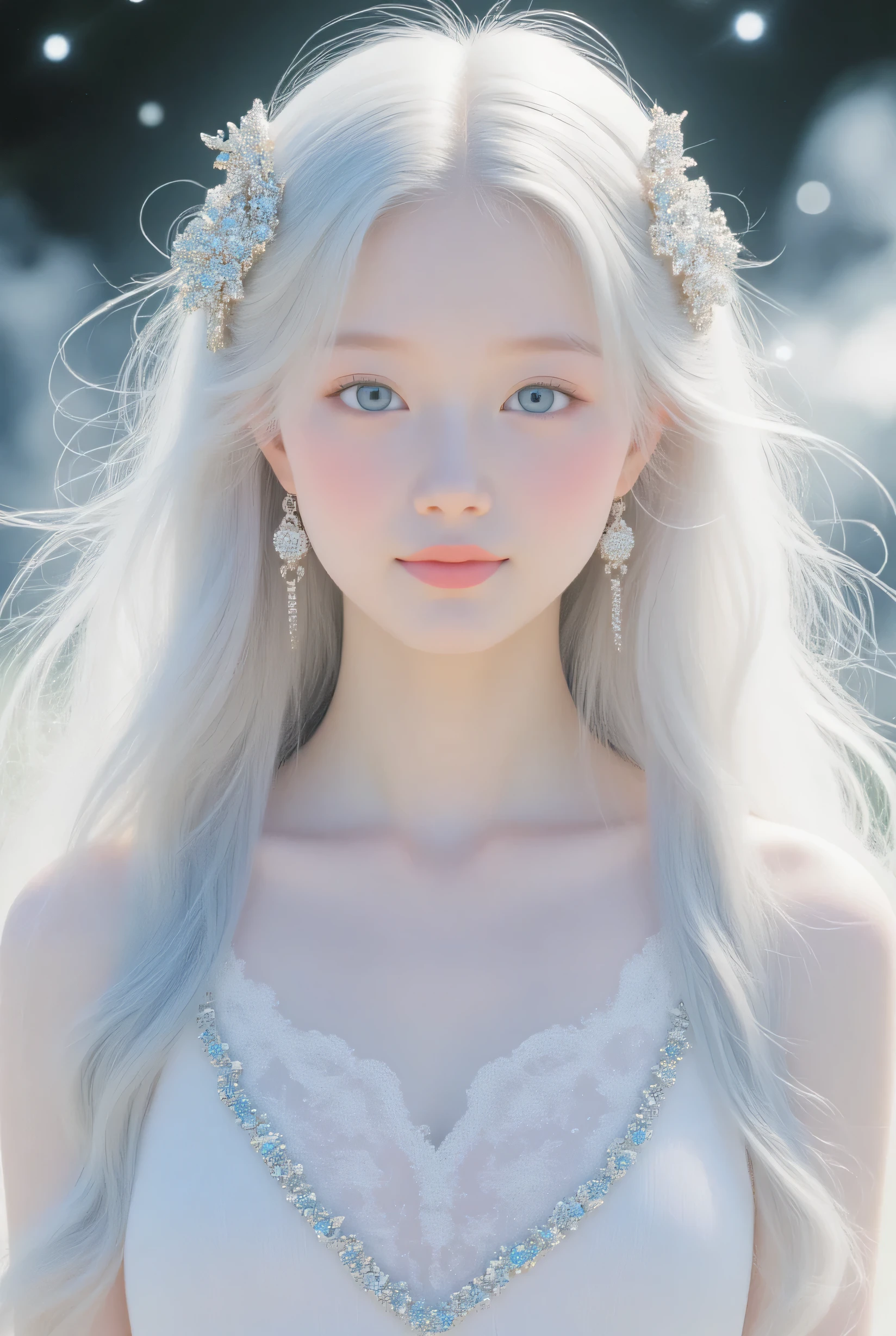  Silver Hair(very large silver is impressive)、white skin、Clean, high nose、White Smooth Silky Skin、Very Big Eyes、gorgeous hair ornament、Very Luxurious Fantasy Dress、10-year-old daughter of the god of light、very cute little princess、白 Silver Hair、fantastic、Dynamic Poses