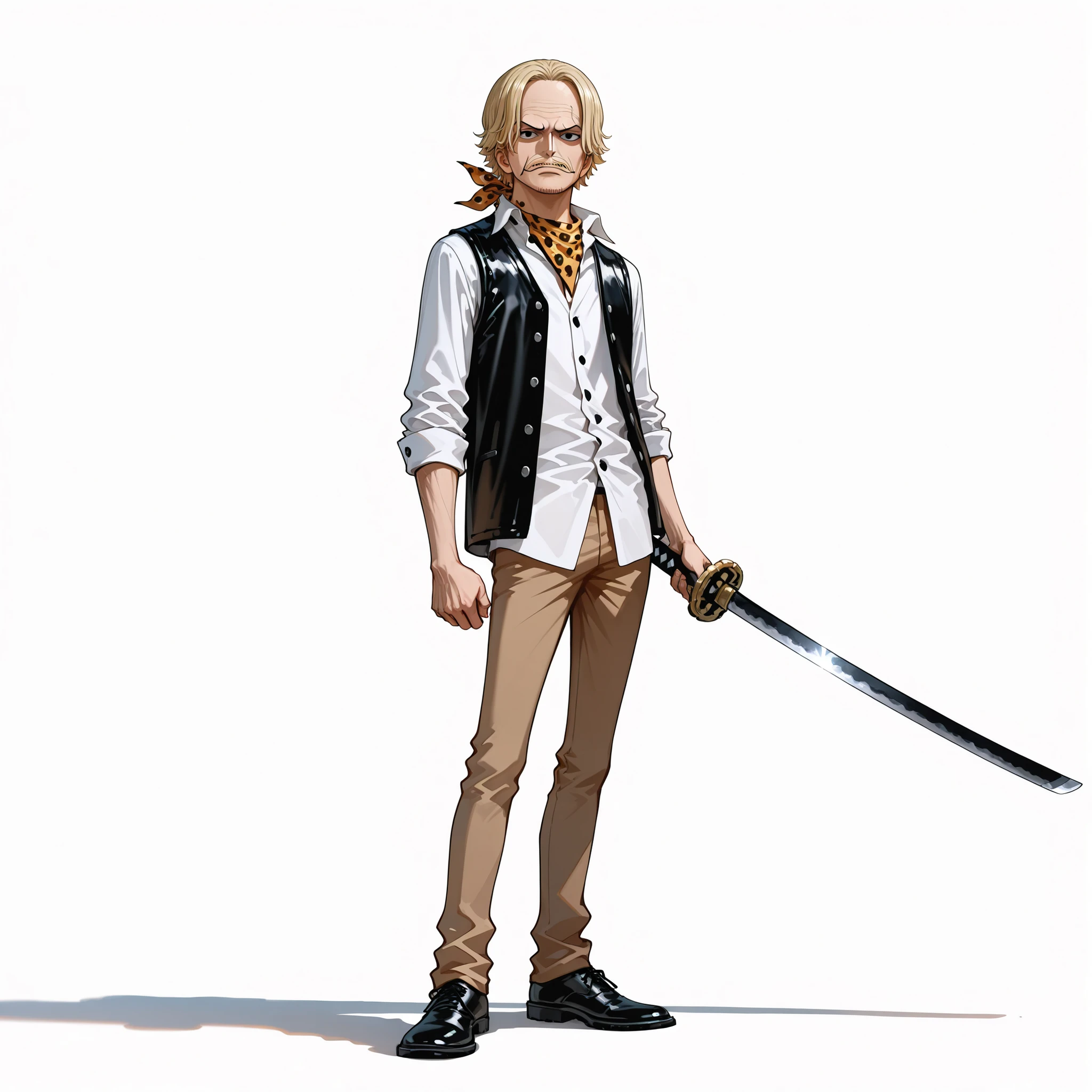 (male), (old man), (short blonde hair), (mustache), (black eyes), (serious face), (standing pose), (solo), (single character), (full body version), (white background), (no background), (highly detailed), (shadow), (natural light), (detailed outfit), (detailed hand), (detailed face), (detailed hair)
Wearing a simple casual formal outfit with a buttoned vest over a plain shirt, brown trousers, black leather shoes, holding a katana in one hand. (One piece style art), bandana on neck
