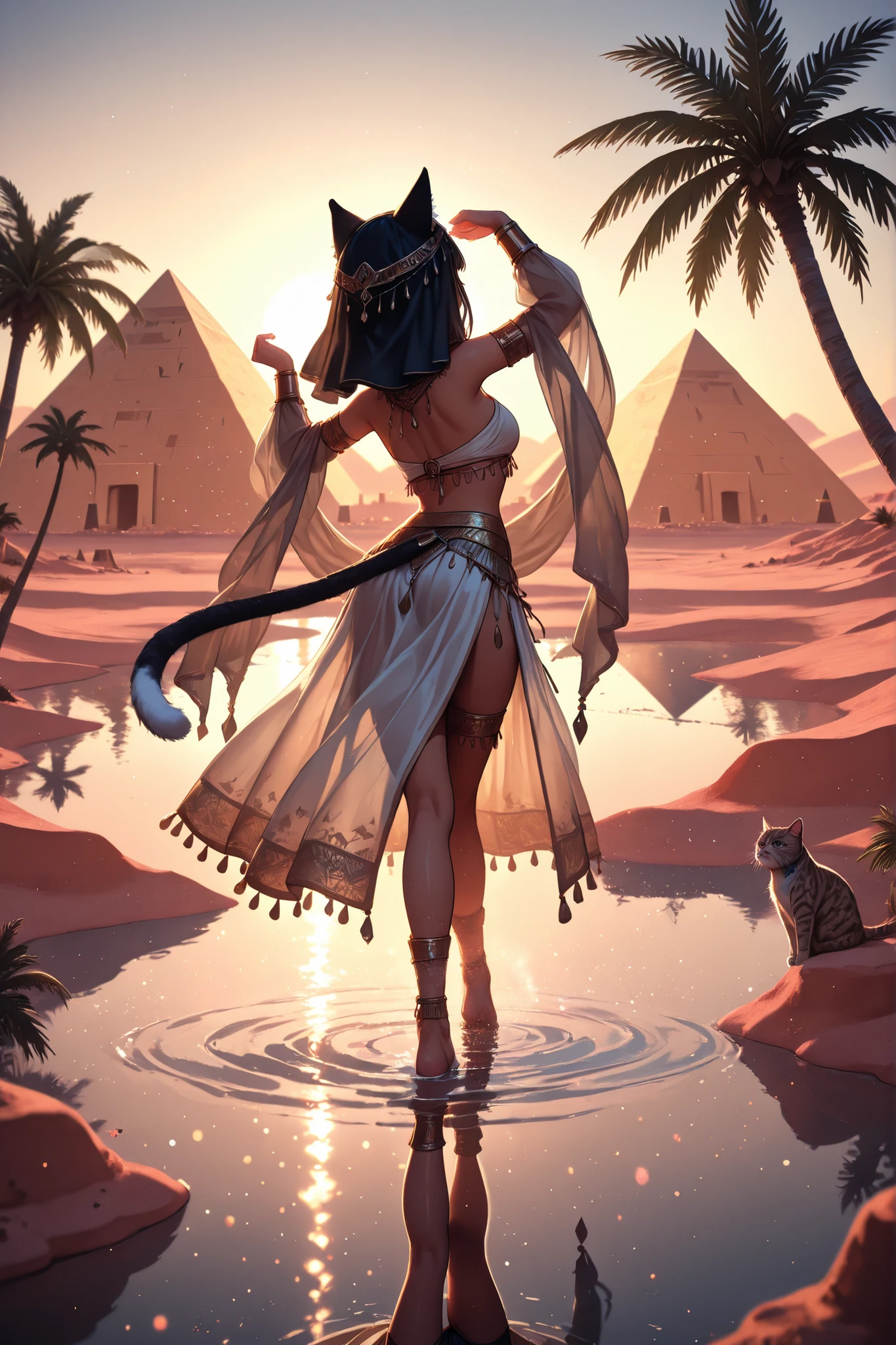best quality, photography, ultra-detailed, 1girl, exotic female dancer, feline cat ears, sheer desert veil outfit, goddess posture, performing ritual dance, legs partially submerged in turquoise oasis water, reflection in water, lush palm trees framing scene, Egyptian pyramids in far distance, desert landscape, golden hour lighting, mystical aura, soft particles in air, detailed fabric movement, ornate gold accessories