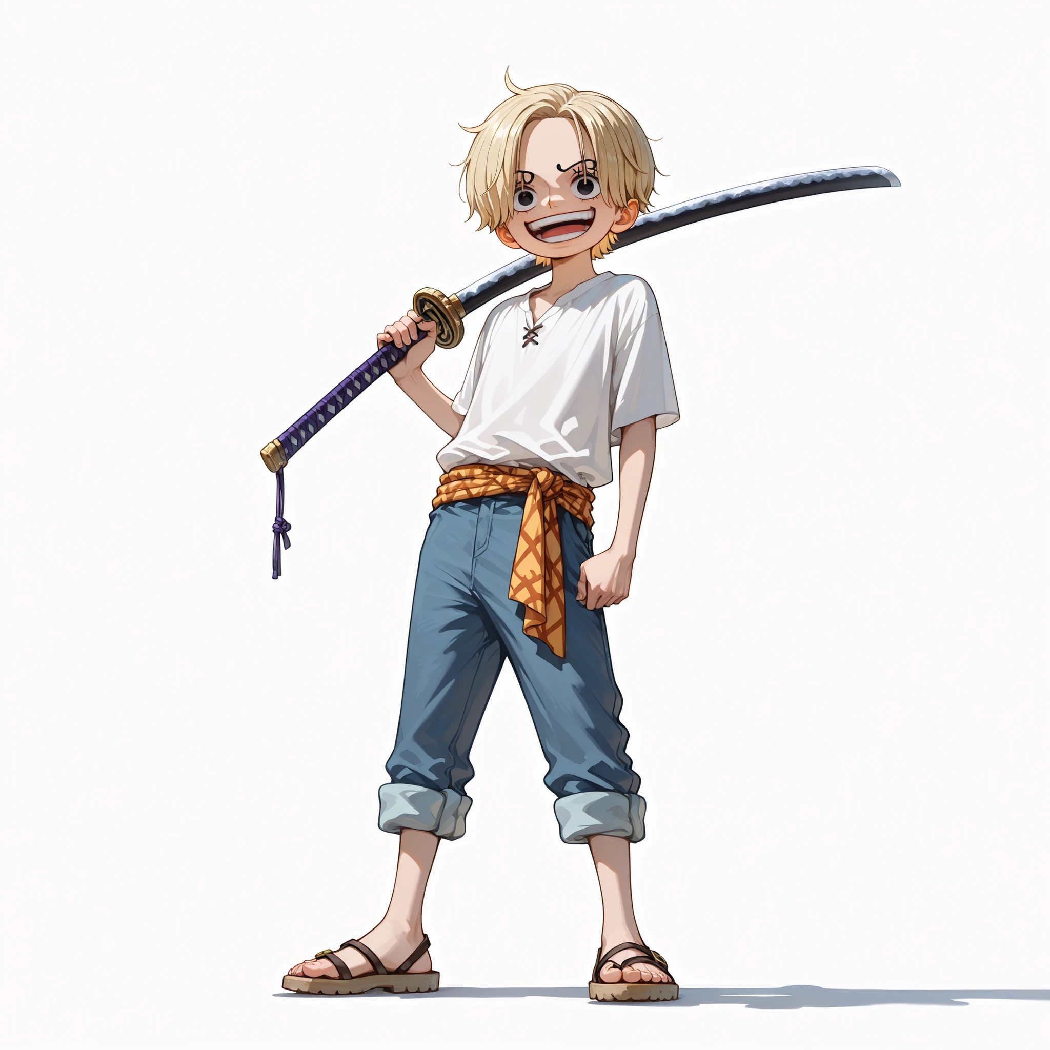 (male), (teenager), (short blonde hair), (black eyes), (calm face), (standing pose), (solo), (single character), (full body version), (white background), (no background), (highly detailed), (shadow), (natural light), (detailed outfit), (detailed hand), (detailed face), (detailed hair)  
Wearing a simple casual farmer outfit with a loose shirt, cloth belt, rolled-up trousers, simple sandals, holding a katana in one hand. (One piece style art), (happy face, laughing mouth)