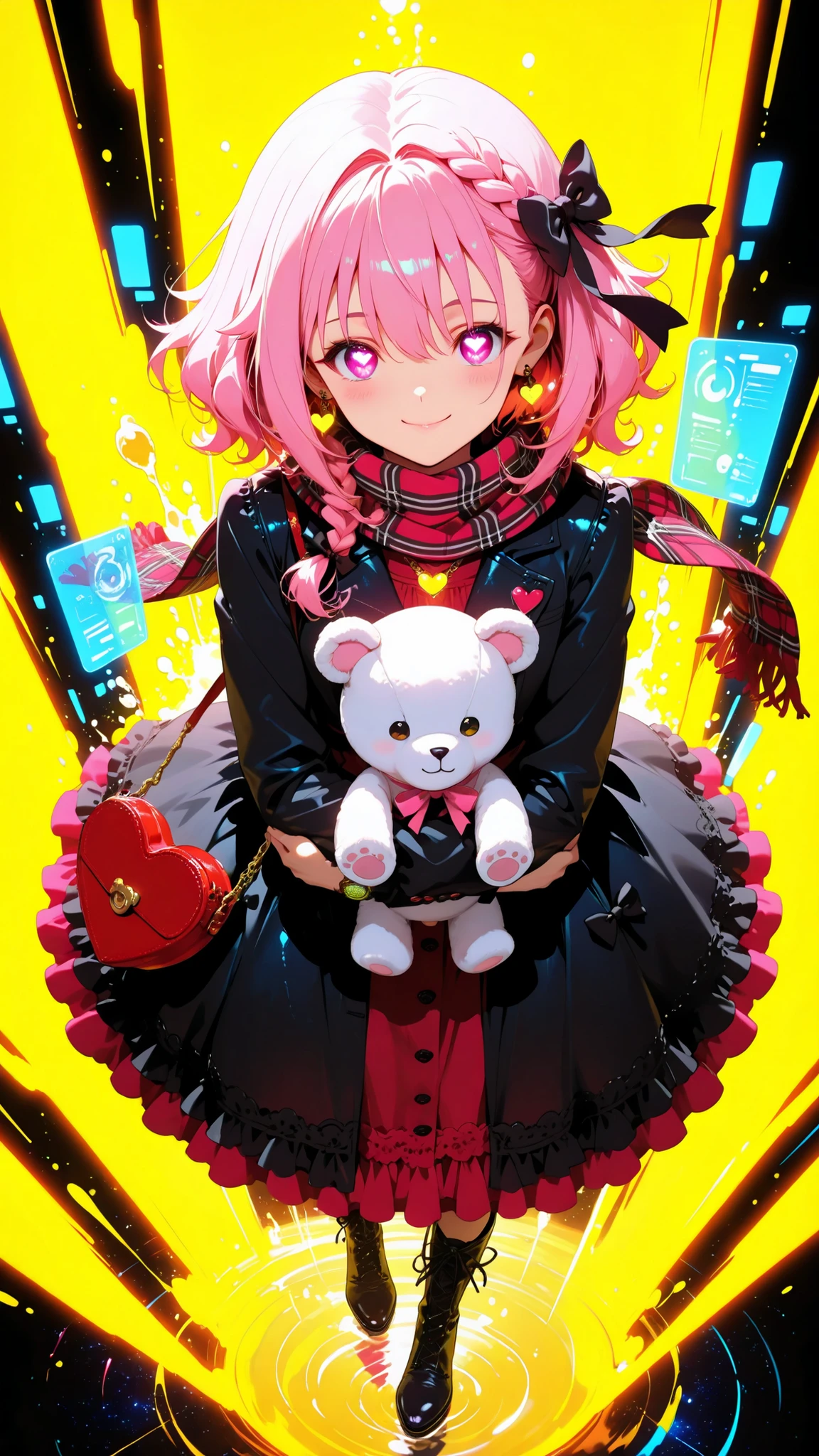 masterpiece, best quality, ultra detailed, ultra high resolution, 16k wallpaper, anime rendering,
cowboy shot, from above, dynamic composition, centered framing, cinematic perspective,
1girl, cute anime heroine, about 18 years old, petite height, full body, Kyoto Animation style, heroine design,
pink hair, braided side braid, ribbon hair accessory, detailed expressive eyes, glossy hair, delicate necklace, small earrings, natural smile, adorable expression,
velvet dress with lace trim, frills, leather boots with ribbon bow, plaid scarf, heart-shaped handbag,
lively pose, holding plush white teddy bear with ribbon, fluffy texture, cute pochette with ribbons and charms,
background: vibrant CMYK-inspired studio, giant floating paint swatches of cyan, magenta, yellow, black, glowing ink splashes, neon paint streaks, holographic panels, surreal color-field design,
lighting: bright vivid illumination, reflective glossy surfaces, glowing paint reflections, cinematic lighting, dreamy ambience,
color balance focused on CMYK palette, ultra-saturated vivid tones, color harmony, 8k color accuracy
