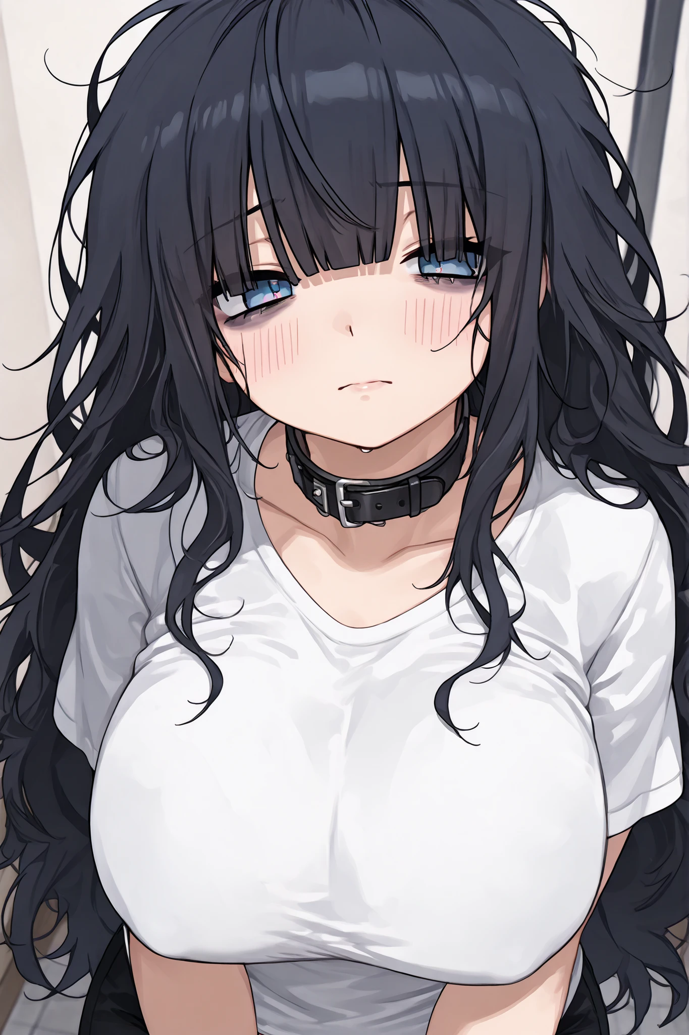 1girl, solo, anime girl, best_quality, detailed_background, big breasts, milf, messy hair, black hair, blue eyes, dark bangs under eyes, long white t-shirt, black collar, shy