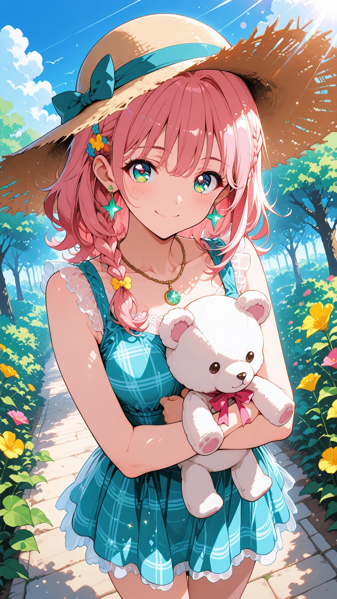 [Quality]
masterpiece, best quality, ultra detailed, insanely detailed, ultra high resolution, 16k wallpaper, anime rendering

[Angle & Composition]
cowboy shot, from above, dynamic composition, centered framing, cinematic perspective

[Character]
1girl, cute anime heroine, about 18 years old, petite height, full body,
Kyoto Animation style, heroine character design inspired by Masakazu Katsura, Similar to Yoshizuki Iori

[Outfit]
sleeveless sheer top with ruffles, plaid pattern mini skirt, straw hat with ribbon bow, star-shaped earrings, silk sandals, translucent drink glass accessory

[Appearance]
pink hair, braided hair, side braid, ribbon hair accessory, cute hairpin,
finely detailed face, expressive detailed eyes, glossy hair, delicate necklace, small earrings,
natural smile, adorable expression, soft and elegant lines, youthful charm

[Pose & Items]
lively pose, holding plush white teddy bear with ribbon and super cute eyes, fluffy texture,
adorable pochette with ribbons and small charms, cute shoes with ribbons, detailed footwear

[Background]
summer park, vibrant green trees with thick foliage, sunlight filtering through dense leaves,
clear azure sky, white fluffy clouds, flowers in full bloom, cool shade under trees,
sparkling reflections, cinematic lighting, Makoto Shinkai style background

[Lighting & Effects]
bright clear sunlight, natural highlights on face, warm radiant glow,
soft breeze moving hair and clothing, lens flare sparkles, vivid summer ambience

