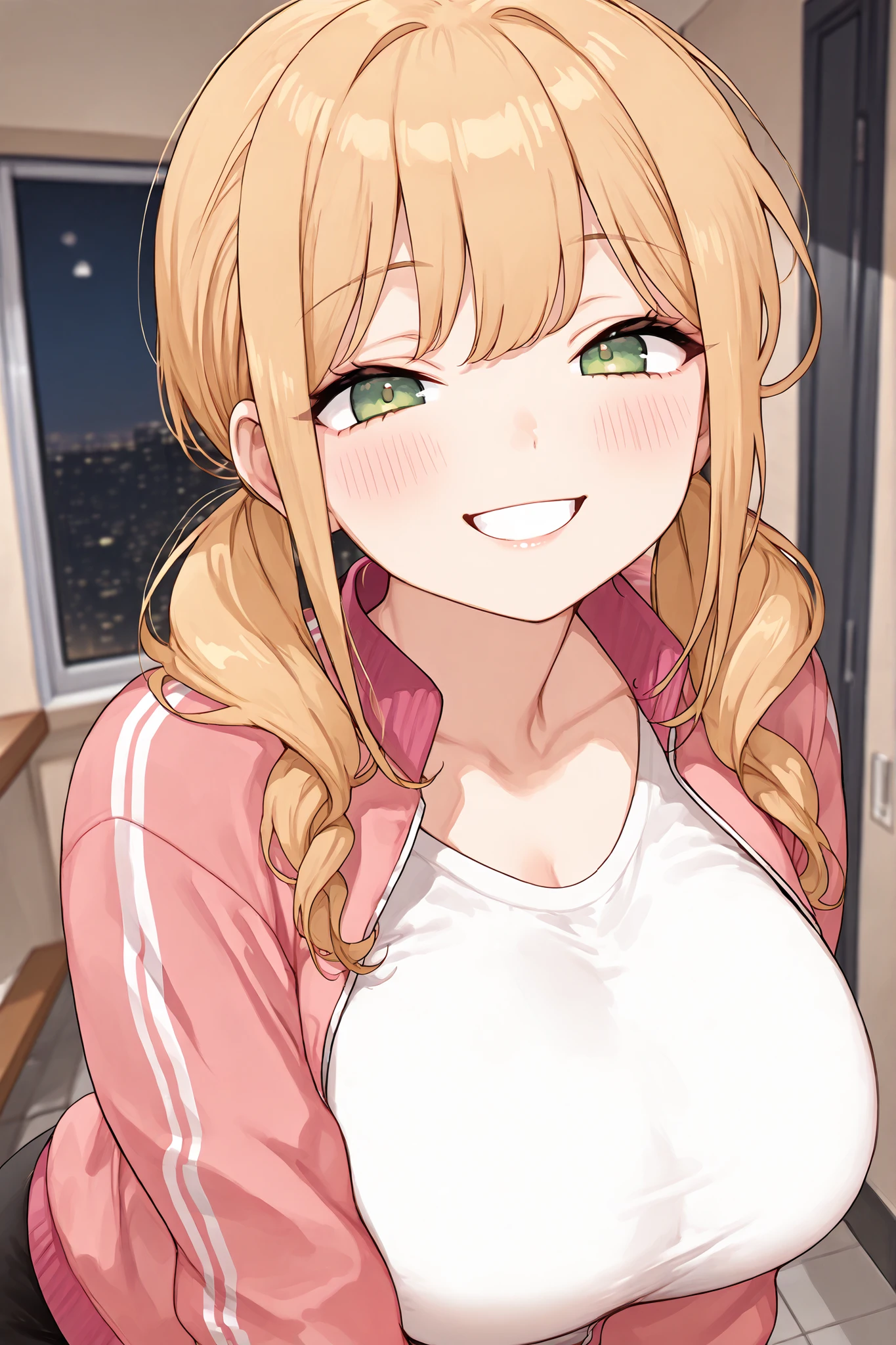 1girl, solo, anime girl, best_quality, detailed_background, big breasts, milf, long hair, blonde hair, pigtails, green eyes, smiling, white shirt, pink jacket