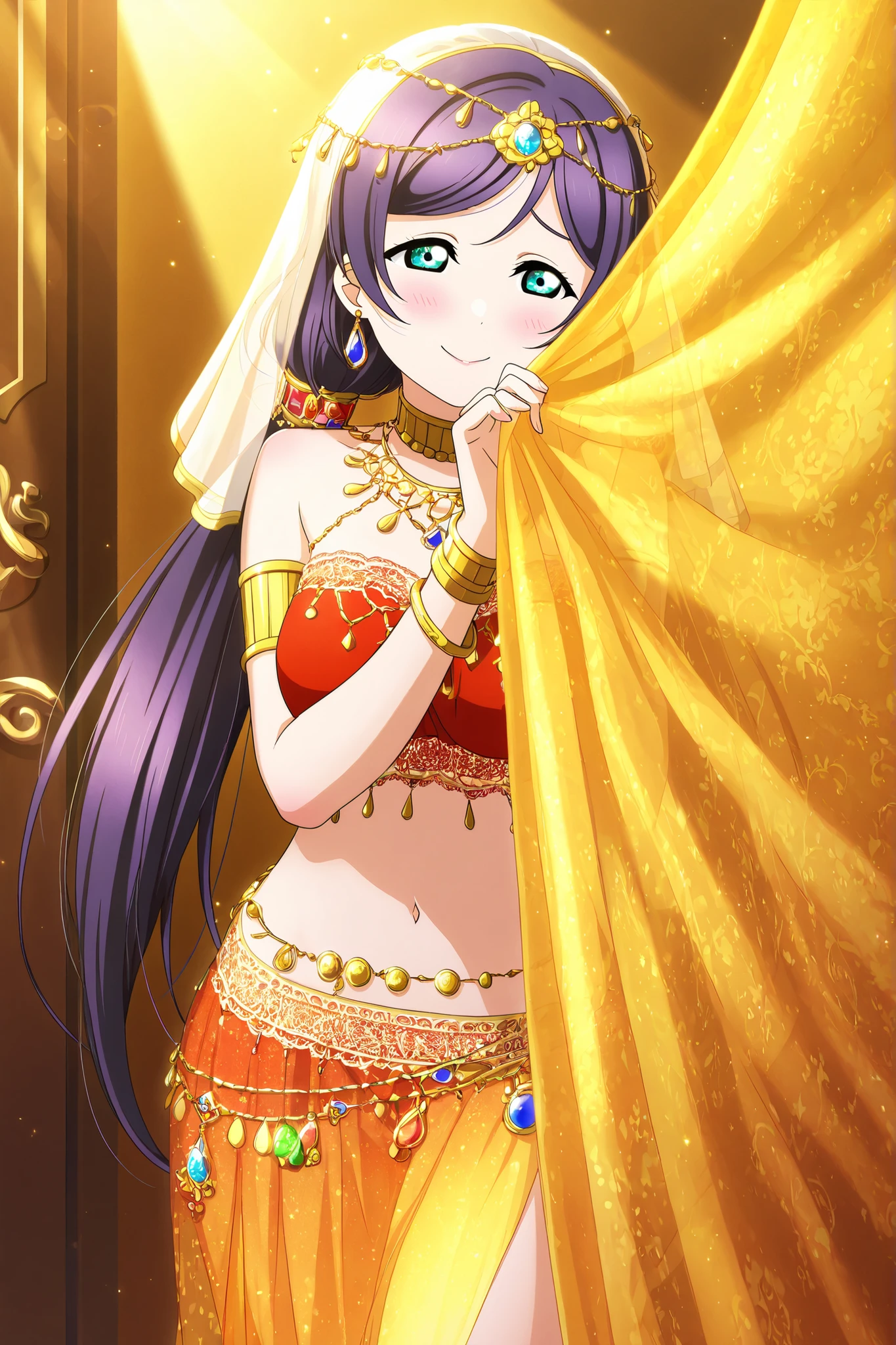 Love Live official artwork,professional art, highres, hdr, glossy shiny skin, shiny silky hair, soft lighting from right ,detailed clothing, vibrant colors, cowboy shot,toujo nozomi,indoors, exotic setting, arabesque patterns, oriental dancer, belly dancer, shy pose, hiding, behind curtain, sheer curtain, translucent fabric, semi-transparent veil, draped fabric, golden curtain, silky texture, lace details, peeking, bashful expression, blushing, looking away, downcast eyes, coy smile, decorated hair, jeweled hair ornament, headpiece, diadem, veil on head, earrings, jewelry, necklace, choker, gemstone accessories, bare midriff, navel, belly chain, hip scarf, silk outfit, tube top, golden trim, decorated bra, armlets, bangles, bracelets, flowing skirt, translucent skirt, high slit skirt, elegant pose, graceful hands, delicate fingers, dim lighting, spotlight, warm colors, golden glow, mysterious atmosphere, alluring, shy beauty,solo,curtains, hiding, curtain grab, shadow,head tilted to side ,hip tilted to side,one hand near face,lowleg