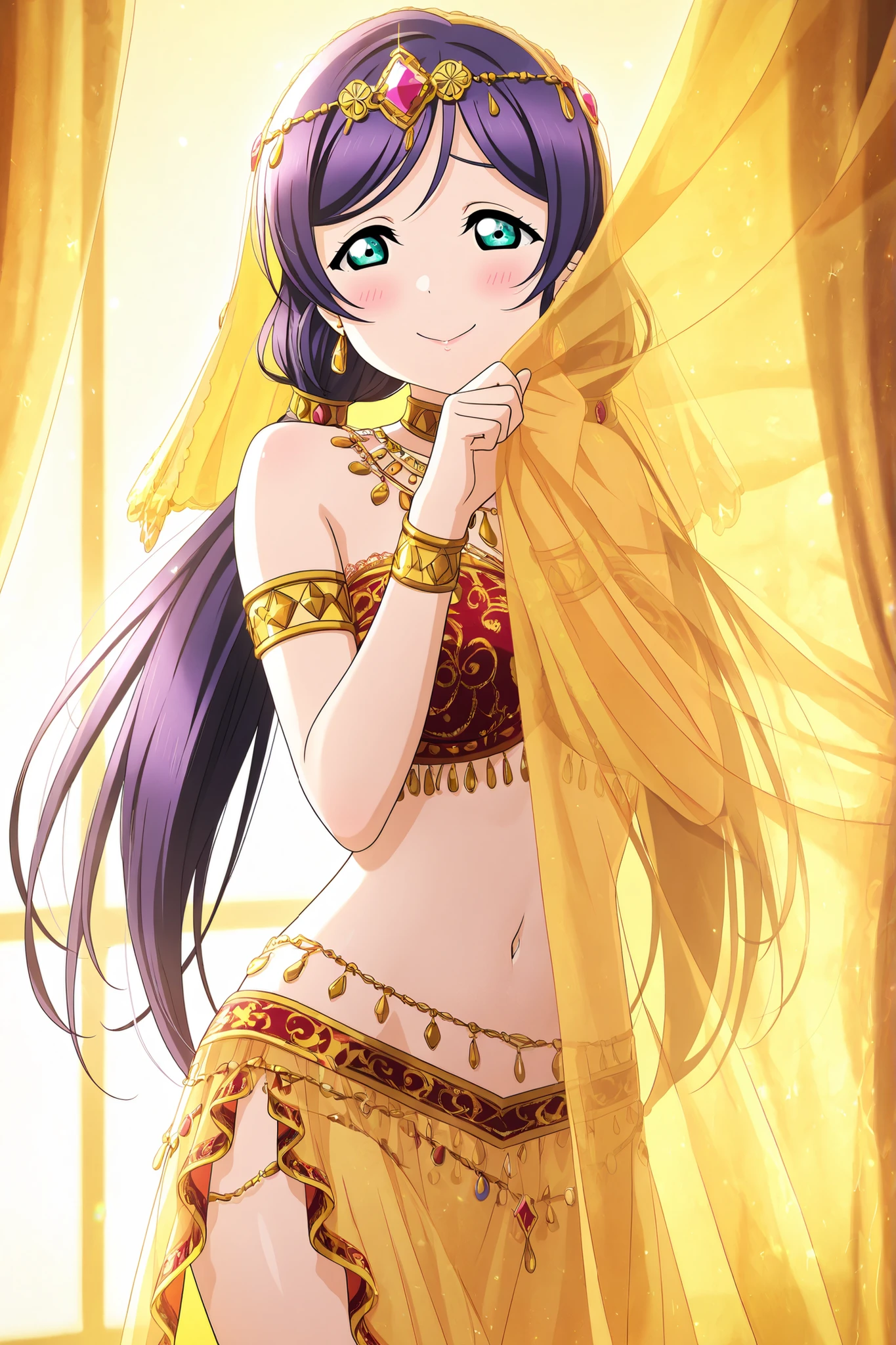 Love Live official artwork,professional art, highres, hdr, glossy shiny skin, shiny silky hair, soft lighting from right ,detailed clothing, vibrant colors, cowboy shot,toujo nozomi,indoors, exotic setting, arabesque patterns, oriental dancer, belly dancer, shy pose, hiding, behind curtain, sheer curtain, translucent fabric, semi-transparent veil, draped fabric, golden curtain, silky texture, lace details, peeking, bashful expression, blushing, looking away, downcast eyes, coy smile, decorated hair, jeweled hair ornament, headpiece, diadem, veil on head, earrings, jewelry, necklace, choker, gemstone accessories, bare midriff, navel, belly chain, hip scarf, silk outfit, tube top, golden trim, decorated bra, armlets, bangles, bracelets, flowing skirt, translucent skirt, high slit skirt, elegant pose, graceful hands, delicate fingers, dim lighting, spotlight, warm colors, golden glow, mysterious atmosphere, alluring, shy beauty,solo,curtains, hiding, curtain grab, shadow,head tilted to side ,hip tilted to side,one hand near face,lowleg