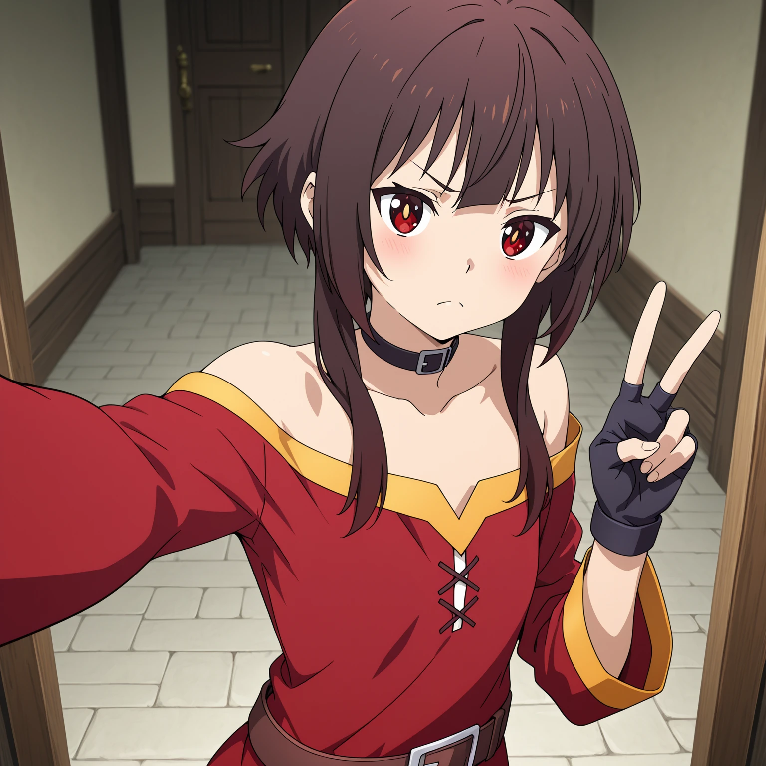 Artgerm, table, Best quality, extremely detailed, table, Best quality, Megumin, 1 girl in,  shoulders, ,  pose, elastic , beautiful buttocks, стоит опершись о table, , very sexy, Black e.g, black gloves, black hair, e.g, necklace, clavicle, dress, hair between eyes, It has, long sleeves, I look at the viewer, Medium hair, off shoulder  the shoulders, Red dress, Red eyes, side locks, One, witch hat, in room