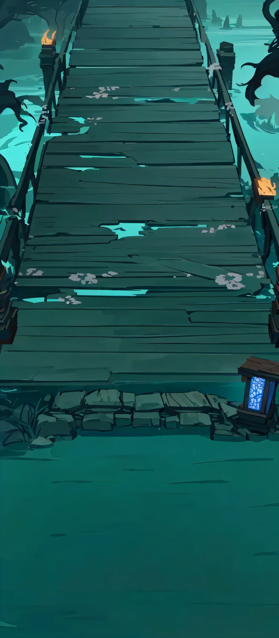 There is a long wooden bridge spanning the water surface, with abandoned Chinese style cartoon buildings in the background, a dark blue and white background, a 2D game cartoon scene style, a dark game background, a wooden plank bridge, an arena background, a background artwork, and two lion sculptures in the foreground. The cutscene animation is drawn in the game concept art style