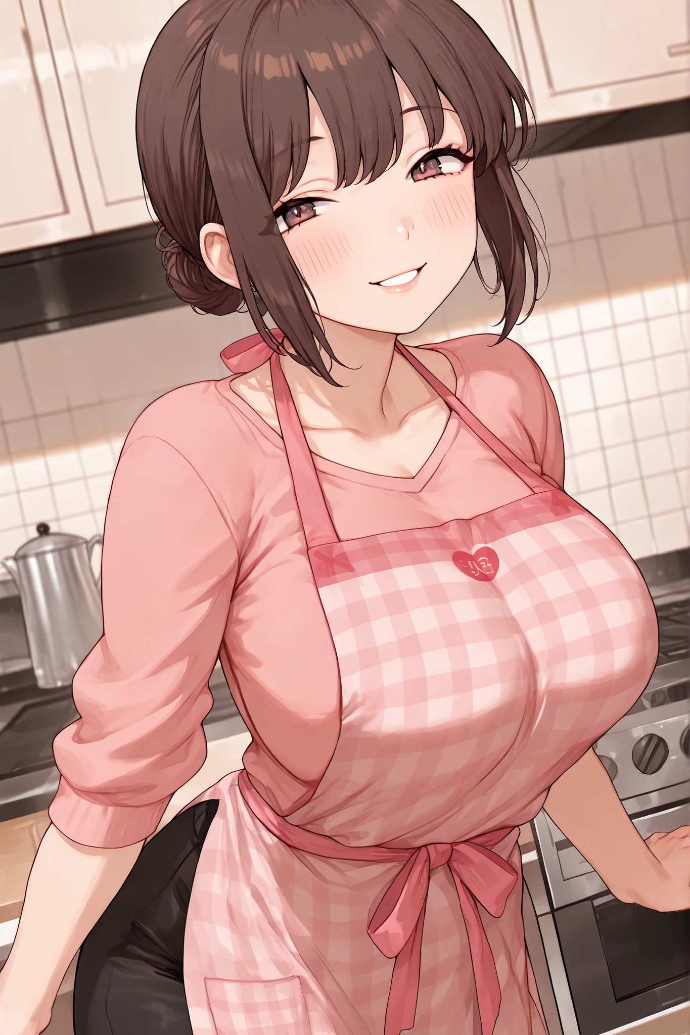 1girl, solo, anime girl, best_quality, detailed_background, big breasts, milf, short hair, brown hair, brown eyes, smiling, pink apron