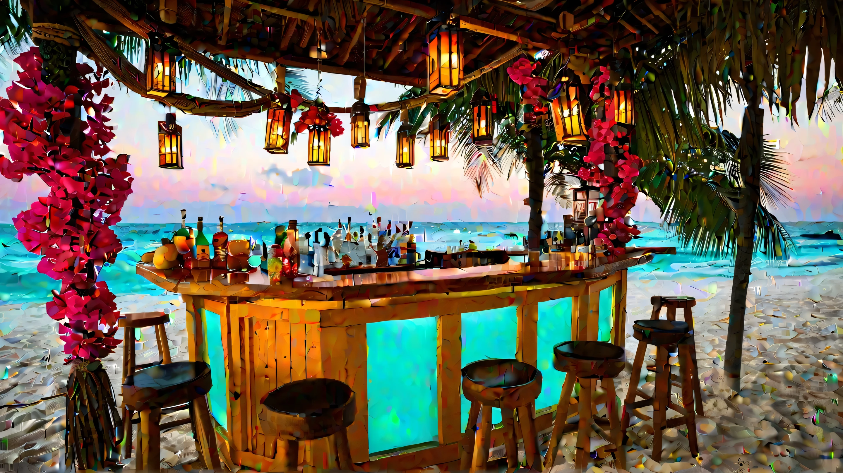 A cozy tropical beach bar at sunset, made of wood and decorated with pink and yellow bougainvillea flowers. Warm glowing lights and hanging lanterns create a relaxing atmosphere. The bar counter is stocked with colorful bottles, fresh fruit, and cocktails, with wooden stools on soft white sand. In the background, turquoise ocean waves and lounge chairs on the beach. Vibrant tropical colors, cinematic lighting, ultra-realistic style. Perfect for a YouTube thumbnail (3840×2160, 16:9, 4K UHD