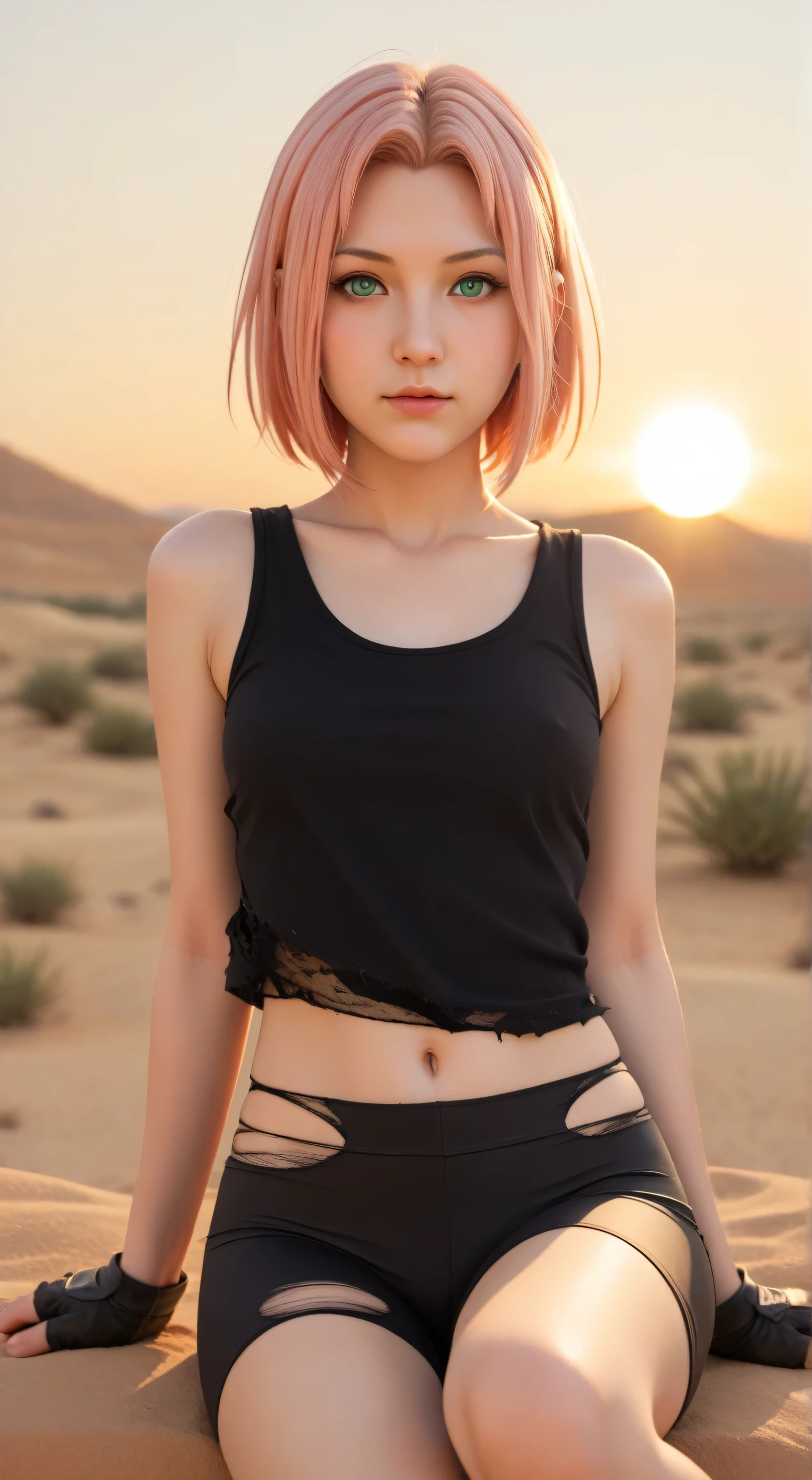 1girl, solo,haruno sakura,emerald eyes,pink hair,short hair,outdoors,potrait,small breast,nature,sitting on desert dam,sidelocks,(sunset lighting:1.5),red sunset,looking at viewer, front view,close up,black glove,(desert hill background background:1.5),close up,(black tanktop:1.5), navel,(torn bike shorts:1.5)