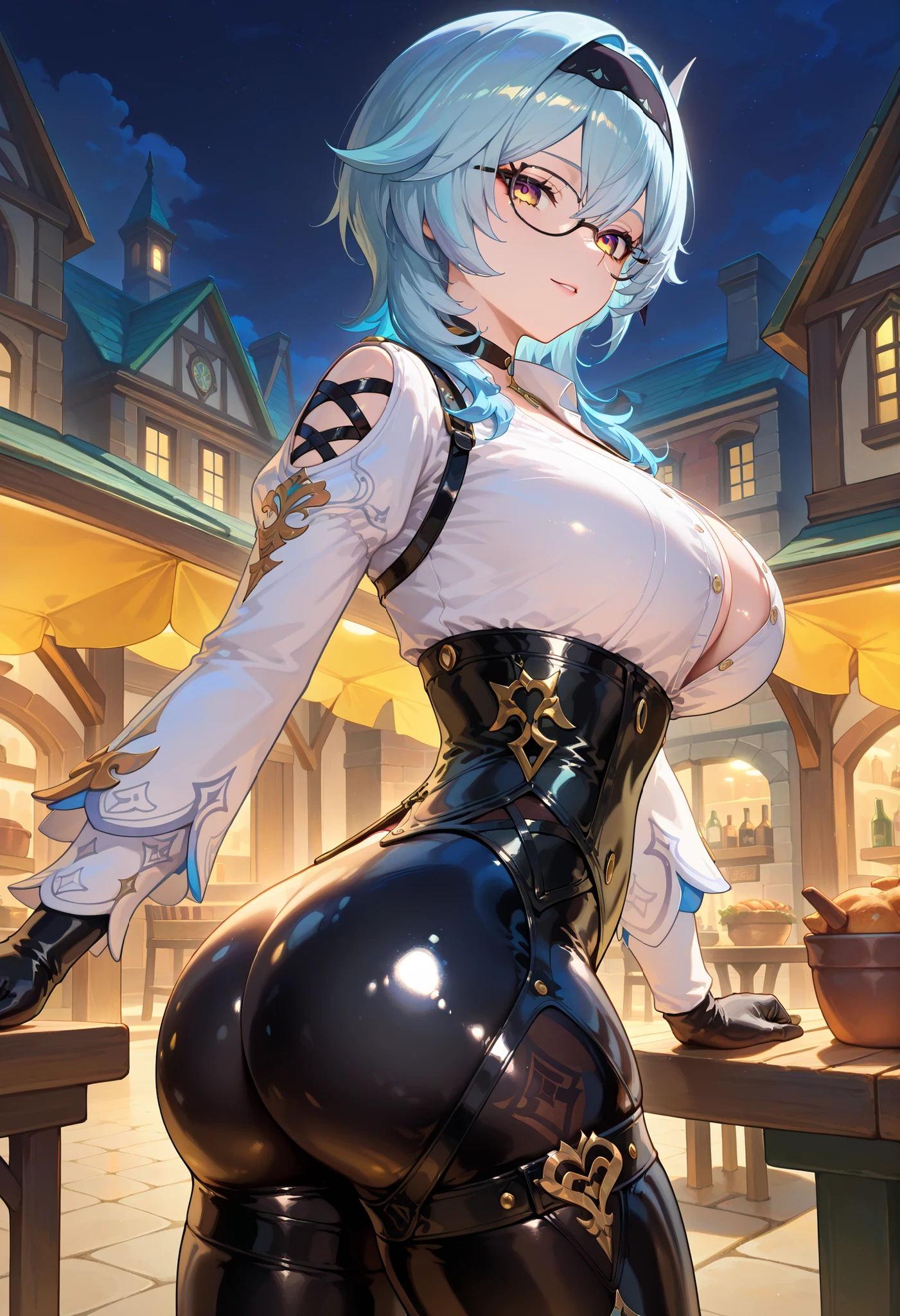 ((dark filter)), BREAK EulasDxL,a Woman, Alone, standing, pose sexy, (((seen from behind))), ((focus from behind)), (( beautiful butt )), ((perfect ass)), looking at the spectator, seductive expression, eyeglasses, hair ornament, thighhighs, Gloves, Chest harness, long sleeves white, blue hair, yellow eyes, headband,  medium hair, big breasts ,  thigh harness, black headband, choker:1.6, (( Buttoned white buttoned shirt)), ((plain white long sleeve buttoned shirt)), ((black leather corset)), black leather gloves, (((Shiny black leather leggings))), black leather boots,  multicolored eyes, (impact of Genshin),cowboy shot, Masonry street, Outdoor restaurant, Villa Rustica, villa, at night 