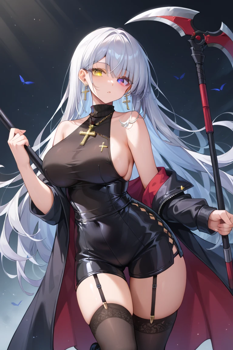 1girl, 18 year old female, beautiful girl, Jeanne d'Arc Alter, Fate/Grand Order, anime style, ultra realistic, high detail, sexy pose, sexy, beautiful, exposed skin, slender, exposed breast, nipples, nude, moon, stars, absurdres, high res, ultrasharp, 8K, UHD, retina, masterpiece, accurate, anatomically correct, perfect anatomy, textured skin, super detail, high details, high quality, award winning, best quality, high res, looking at viewer, detailed eyes, four fingers and one thumb per hand, perfect hands, perfect finger, two arms only, platinum blonde hair, yellow eyes, full body, thigh band, no clothes