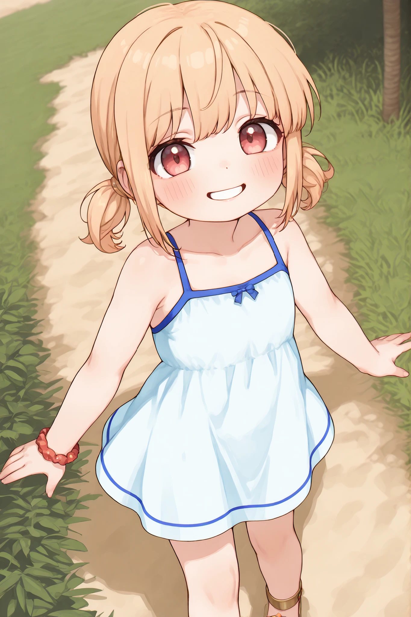 1girl, solo, anime girl, best_quality, detailed_background, child, little girl, blonde short hair, pigtails, blue summer dress, beache, smiling