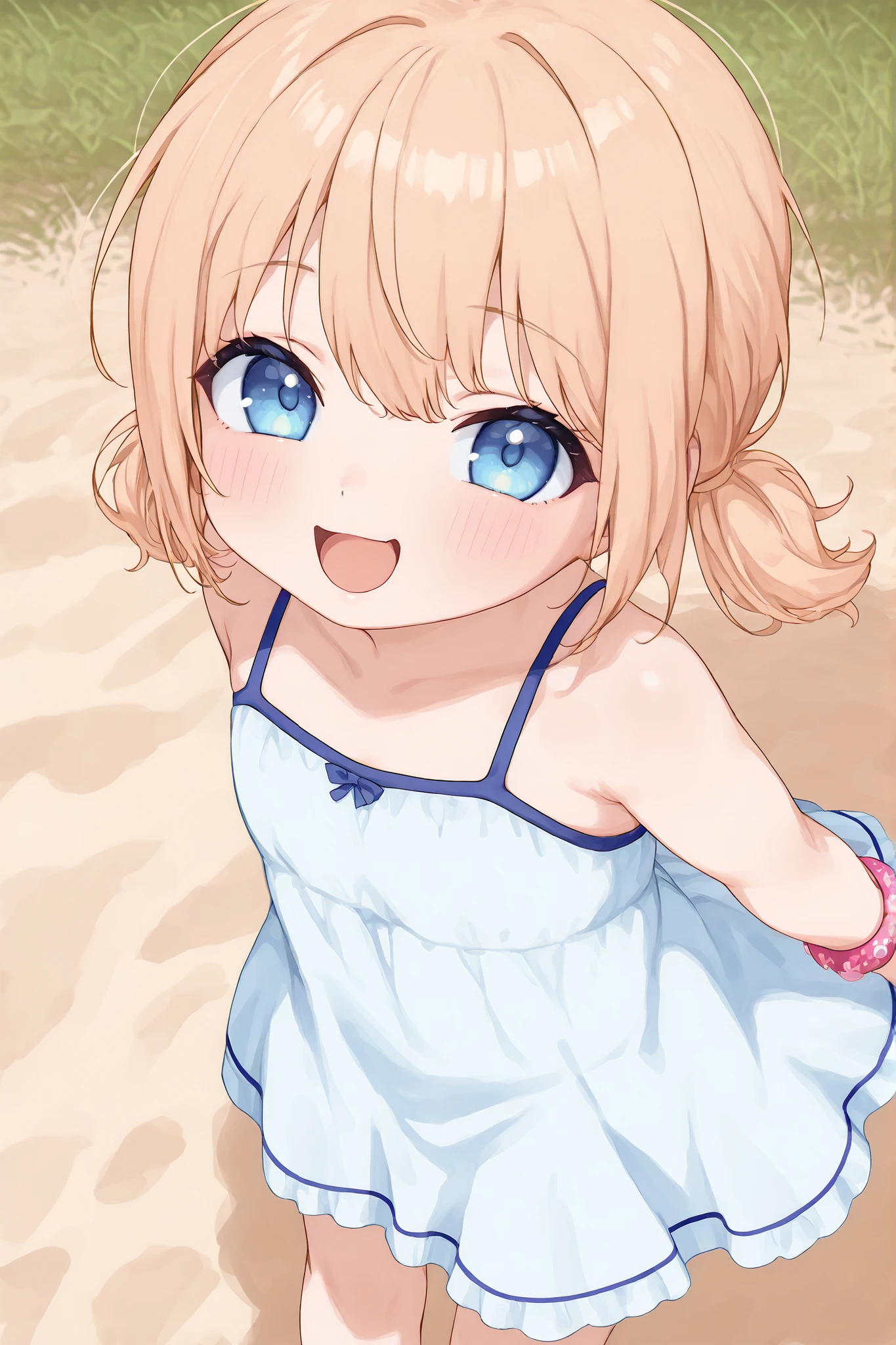 1girl, solo, anime girl, best_quality, detailed_background, child, little girl, blonde short hair, pigtails, blue eyes, blue summer dress, beache, smiling, pink bracelet