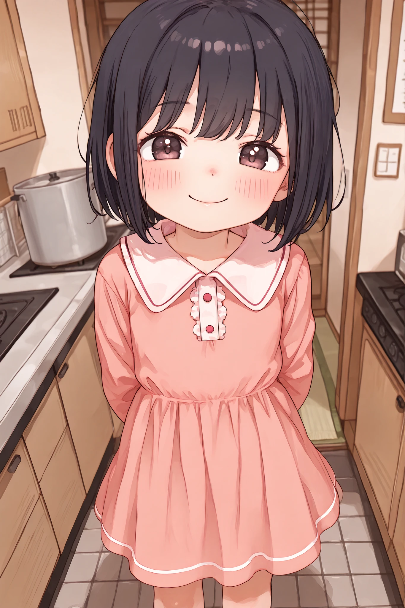1girl, solo, anime girl, best_quality, detailed_background, child, little girl, smiling, short hair, black hair, browm eyes, japanese, pink dress, japanese apartment, kitchen