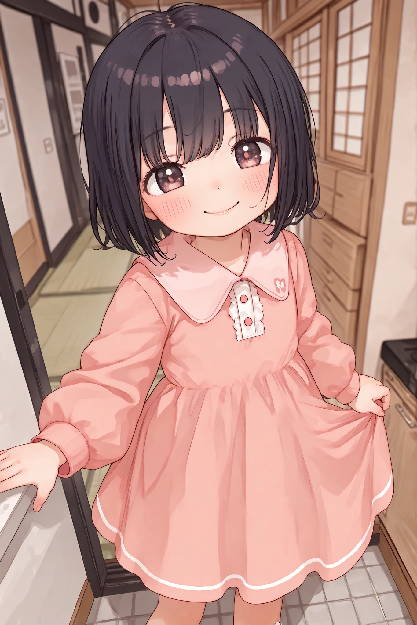 1girl, solo, anime girl, best_quality, detailed_background, child, little girl, smiling, short hair, black hair, browm eyes, japanese, pink dress, japanese apartment, kitchen