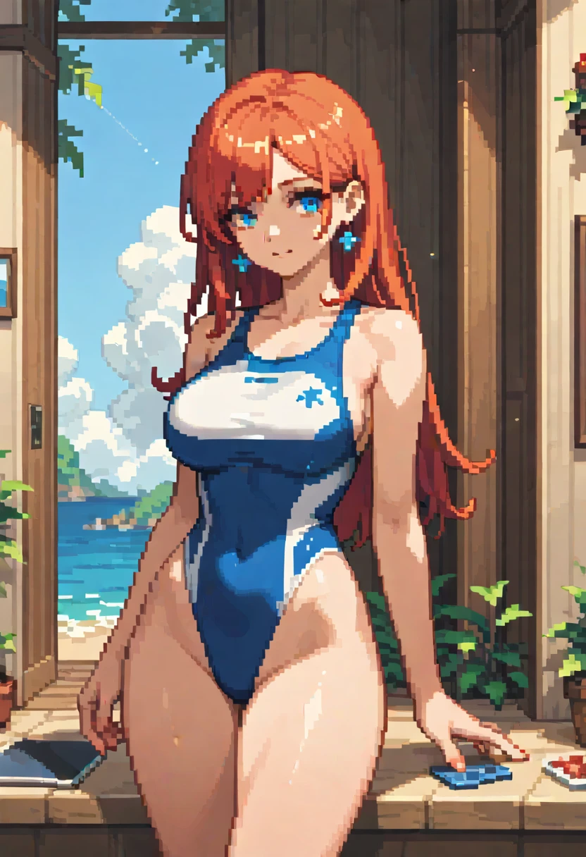 (masterpiece, top quality, best quality), pixel,pixel art,1girl,red swimsuit,swiming,black glasses,full body