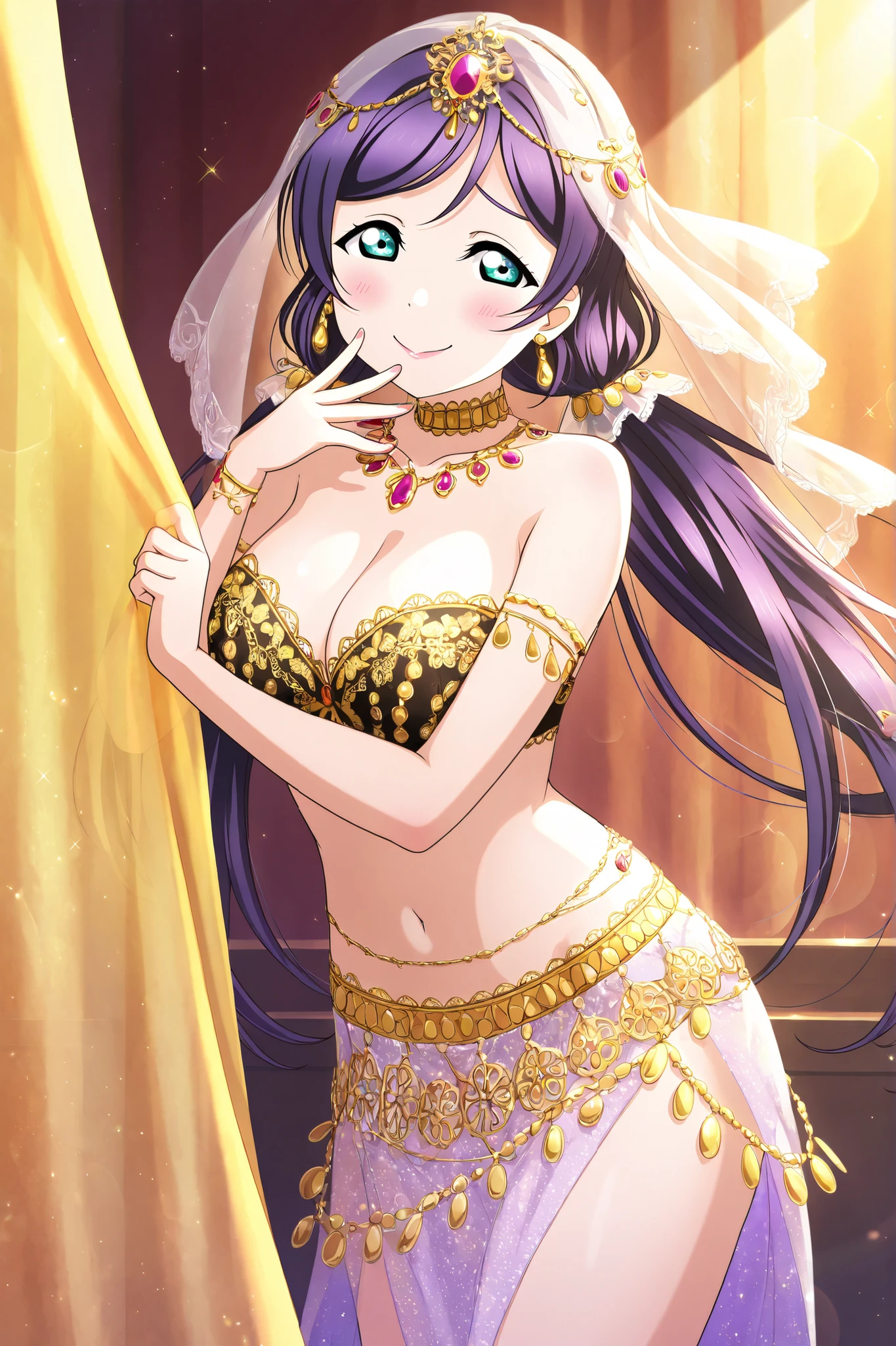 Love Live official artwork, professional art, highres, hdr, glossy shiny skin, shiny silky hair, soft lighting from right, detailed clothing, vibrant colors, cowboy shot, toujo nozomi, indoors, exotic setting, arabesque patterns, oriental dancer, belly dancer, poetic dance, fluid movement, graceful sway, overly feminine pose, playful body language, leaning to side, hip pop, bashful yet alluring expression, blushing hard, downcast eyes, flirty glance, coy teasing smile, lips slightly parted, head tilted in an overly cute way, hand near mouth, fingers curled softly, delicate gesture, shy but playful aura, translucent veil, sheer curtain, golden curtain, silky texture, lace details, jeweled hair ornament, ornate headpiece, veil on head, earrings, jewelry, necklace, choker, gemstone accessories, bare midriff, navel, belly chain, hip scarf, silk outfit, decorated bra, golden trim, flowing translucent skirt, high slit skirt, warm golden glow, spotlight, mysterious but playful atmosphere, alluring, soft curves emphasized, solo, curtains, hiding, curtain grab, shadow, exaggerated shyness, overly delicate hands, tilted hip and head, girly, silly-cute charm, large breasts, dancing in a poetic rhythm, dramatic movement of fabric, curtains swaying with her motion, a scene of elegant yet coy performance