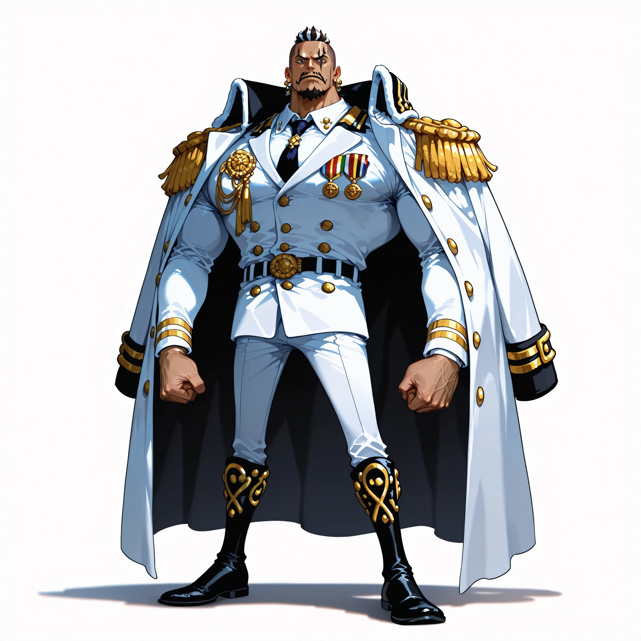 (male), (old man), (big muscle body), (buzzcut hair), (dark brown skin), (small eyes), (mustache, goatee), (serious face), (standing pose), (solo), (single character), (full body version), (white background), (no background), (highly detailed), (shadow), (natural light), (detailed outfit), (detailed hand), (detailed face), (detailed hair)
Wearing a majestic admiral suit with golden embroidery, decorated medals on chest, long flowing white admiral coat with shining golden epaulettes, dark elegant tie, luxurious polished boots. (One piece style art), Earring