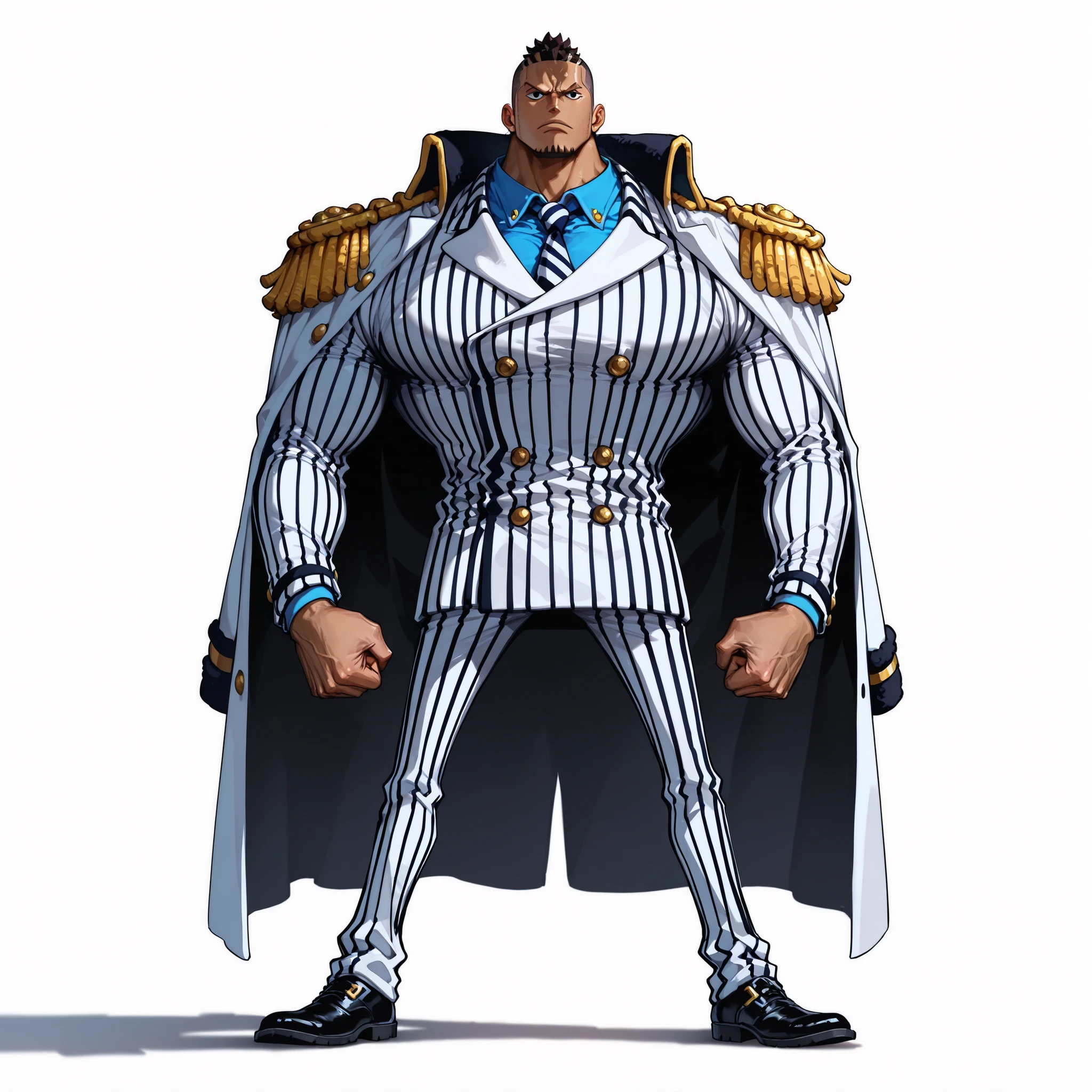 (male), (man), (big muscle body), (buzzcut hair), (dark brown skin), (small eyes), (serious face), (standing pose), (solo), (single character), (full body version), (white background), (no background), (highly detailed), (shadow), (natural light), (detailed outfit), (detailed hand), (detailed face), (detailed hair)
Wearing a striped double-breasted suit with tie, long white admiral coat with shoulder epaulettes, polished formal shoes. (One piece style art)