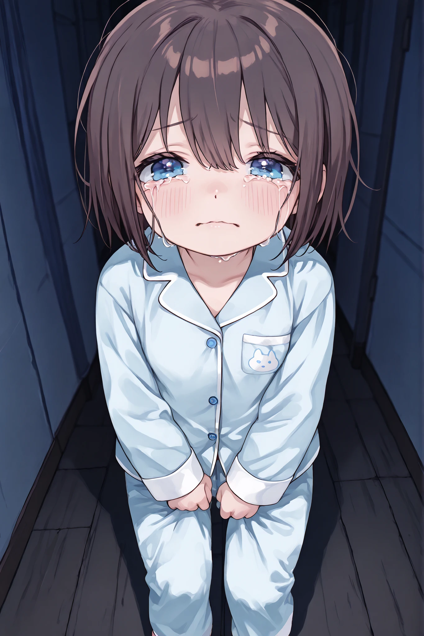 1girl, solo, anime girl, best_quality, detailed_background, child, little girl, short hair, brown hair, blue eyes, japanese, blue pajamas, crying, dark room