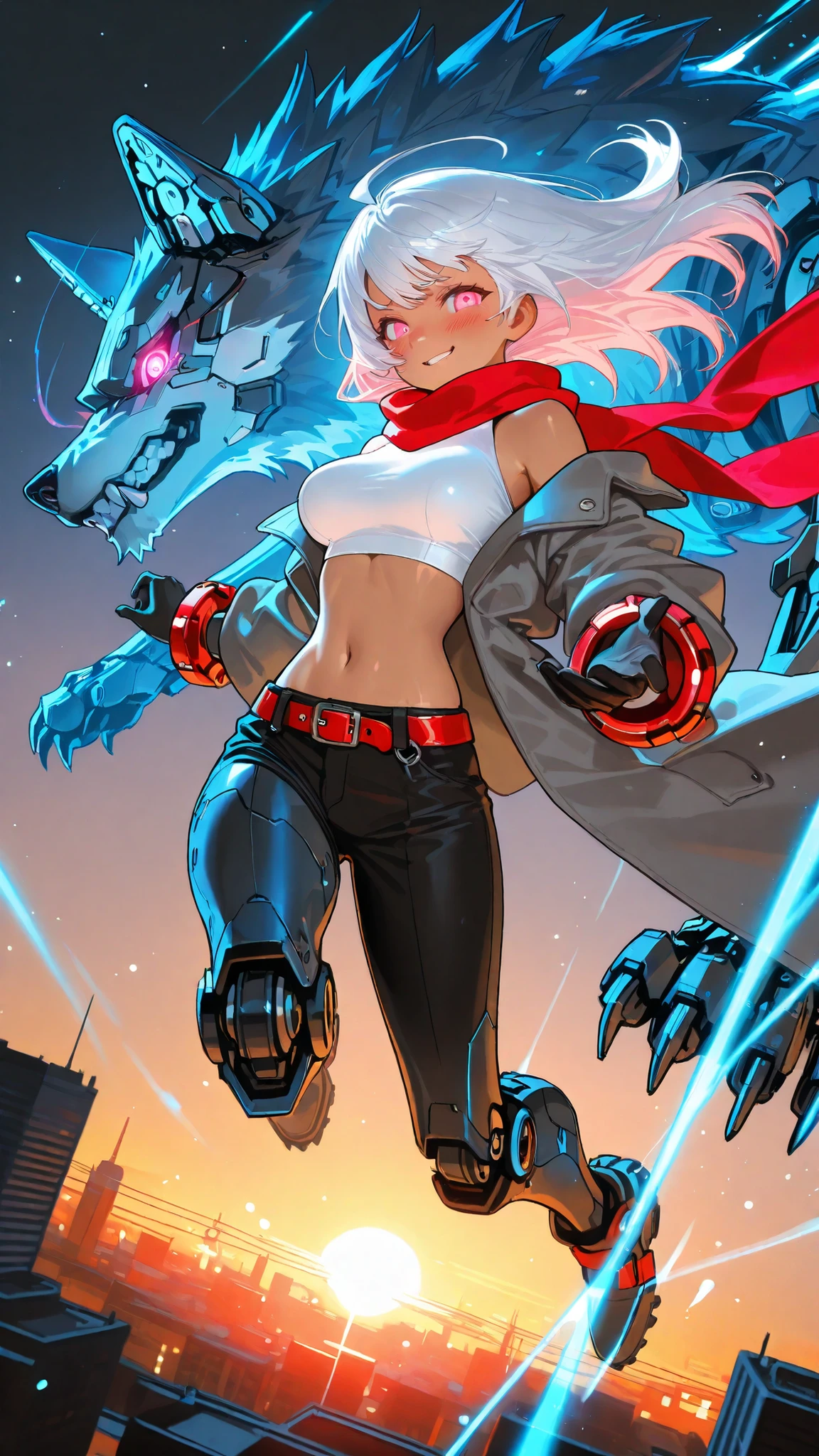 generate image of 1girl, solo, human-girl, side-view, pink eyes, glowing eyes, blush, shy, white-hair, long-hair, (side-swept-hair), pink-streak-hair, ahoge, voluptuous body, big-breast, mature-human-girl, tanned-skin,
wearing : black shorts, short-sleeves off-shoulder coat, little futuristic dark-grey coat, white sleeveless high-neck, thin waist, navel, huge red mechanical bracelet, red-bracelet, thick-bracelet, (oversized bracelet), black-gloves, red-scarf, red-belt, single-mechanical thigh-high,
action : showing both hands, looking directly at the viewer, smirk.
Background : ((industrial city below, sunset)), (((enormous mechanical wolf, chasing girl))), high contrast, dramatic composition with ink splatter effects., manga style with explosive effect, dramatic lighting, blue splash effect,
modifier : FULLBODY, extreme-close-up, front-view, motion lines, eye trail, light trail, action pose, dutch angle, indoor, (masterpiece:1.2, Best Quality), (colorful particles), C7b3rp0nkStyle, (finely detailed beautiful eye: 1.2), (beautiful detailed face, good_hands), close up, full body, midair, falling, grimace, looking back, floating hair, outside clocktower, gadgets, large cogwheels,