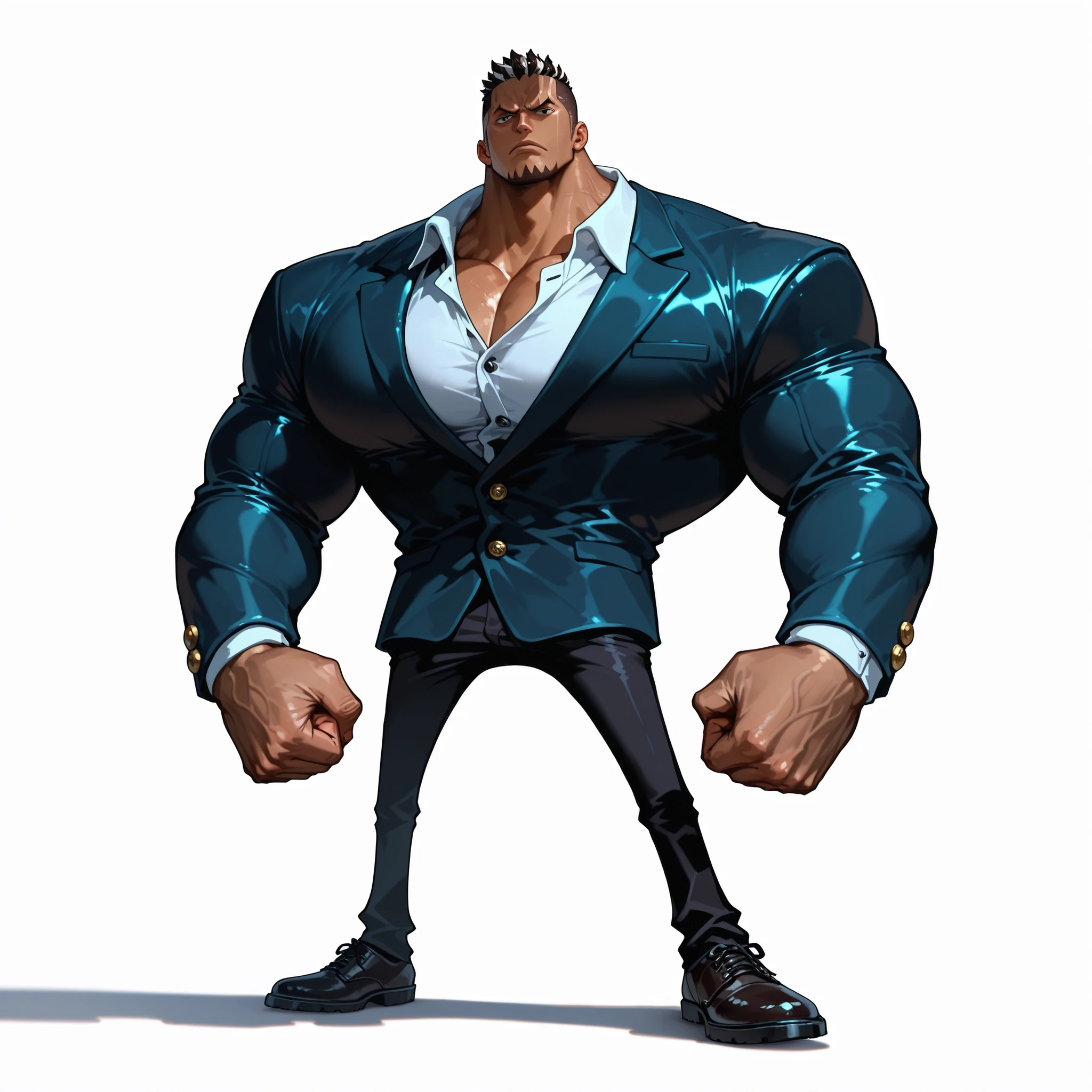 (male), (teenage boy), (big muscle body), (buzzcut hair), (dark brown skin), (small eyes), (serious face), (solo), (single character), (full body version), (white background), (no background), (highly detailed), (shadow), (standing pose), (natural light), (detailed outfit), (detailed hand), (detailed face), (detailed hair)
Wearing a formal casual style outfit with a button-up shirt, simple blazer, trousers, and leather shoes, (One piece style art)