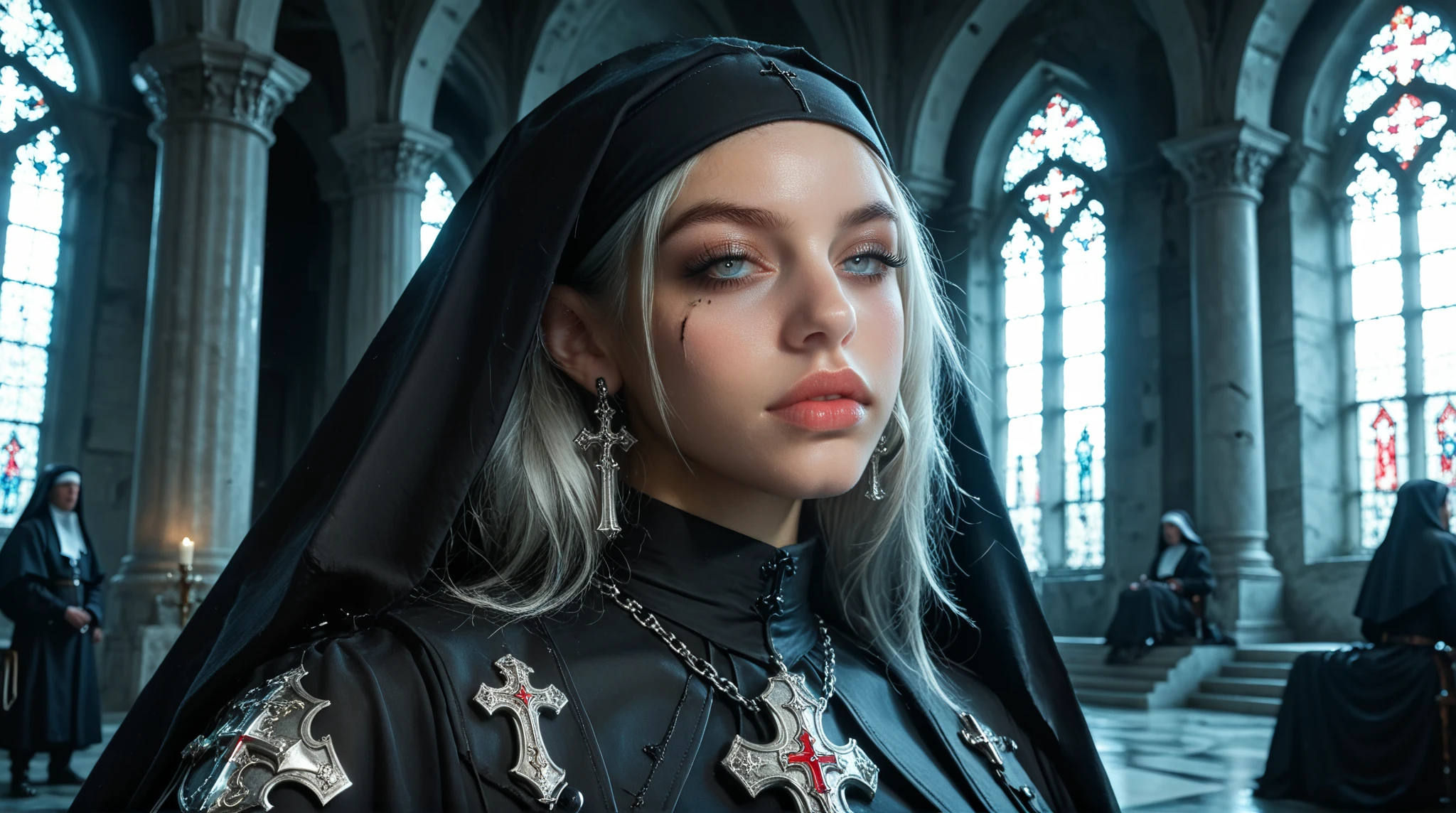 1 miniature Beautiful beautiful woman - Yuan Sayuki, ((top quality, 8K, Masterpiece:1.retty woman, 1 woman, huge breasts:1.3, a slim body:1.1, lush white Long hair, (shower, wet body, wet clothes:1.1), very detailed face, detailed lips, detailed eyes, double eyelids, Detailed blue eyes, чрезвычайно Detailed Outstanding Blue Eyes, short white wet hair, white wet hair, Detailed Outstanding Blue Eyes, innocent look at the viewer, very wet wavy white hair, Detailed Outstanding Blue Eyes, huge cross earrings, Outdoors, badges behind, gothic wedding uniform, sexy gothic style wedding dress with veil,  chest, huge chest tattoo wearing a wreath, detailed huge earrings, chest tattoo, Outside - there are trees and a buddhist temple in the background, wear a silver cross (Detailed cross shape), reality mode, wet breasts, black necklace, black wedding dress and black veil, human crowd behind, head/forehead chain veil, black  gloves,  breasts,  breasts,  , hair of white snowy colour, night time, red neon lights, demonic nun, horns