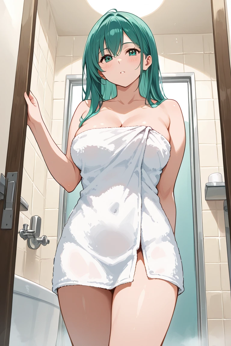 showering in the shower, standing, big boobs, breast hold, medium hair, green hair, green eyes, nice body, nice legs, ass, thighs, soft body, curvy body, no clothes, naked, nsfw, exposed body, .