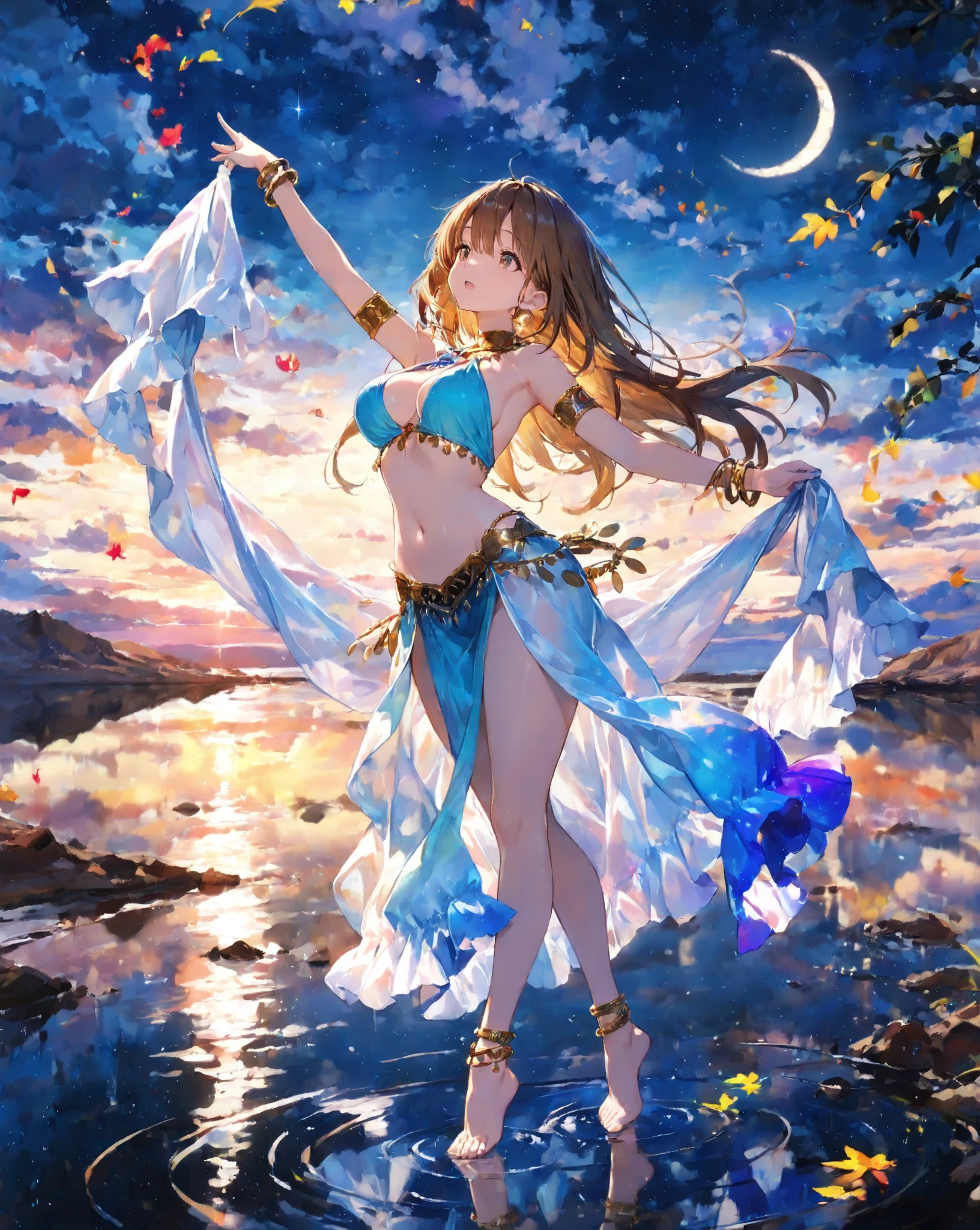 Reflection, outdoors, scenery, night sky, water, cloudy sky, horizon,Cute,748cmstyle,(masterpiece:1.2, best quality), (beautiful detailed eyes:1.2), ((beautiful girl)), (very detailed CG, ultra detailed), (very detailed and beautiful:1.1), (perfect details:1.1),a digital artwork of a female dancing in an airy dress with colorful leaves, barefoot, 1girl, jewelry, long hair, wide hips dancer, dancing, anklet, bracelet, solo, brown hair, navel, midriff, armlet, big breasts, full body, medium breasts, on an oasis in the middle of a desert at midnight, on a reflective water surface, a starry night sky, a crescent moon, open eyes