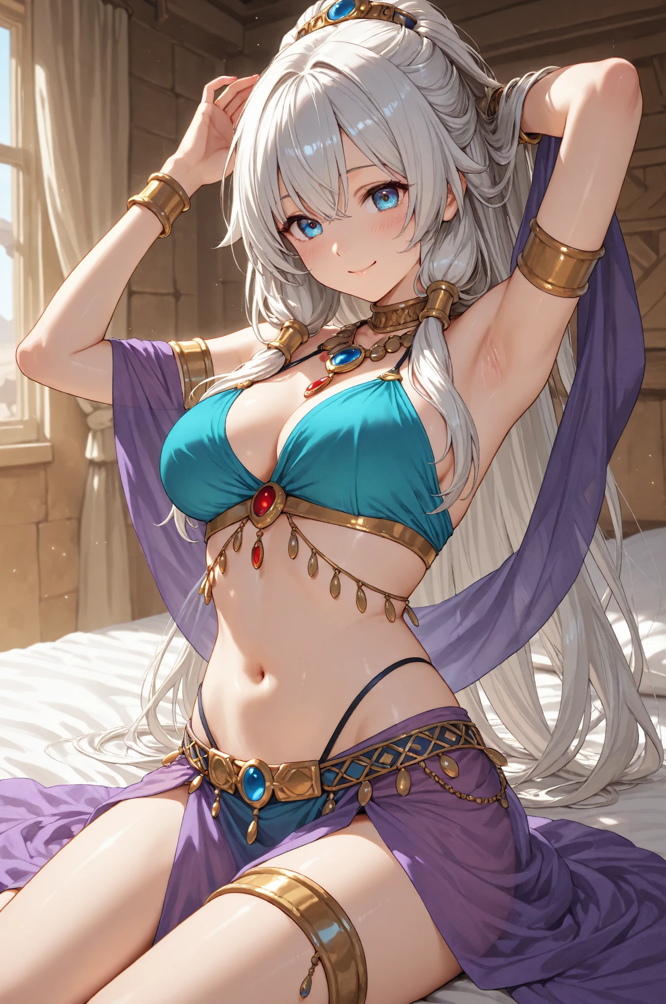 I am a young lady with pale skin, light blue eyes, long flowing blonde hair, I have a calm expression and some delicate shiny stones on my face. Wearing a bedlah, a traditional oriental belly dance ensemble, it has its color in a very light pink tone, a bra with shiny stones, a short skirt with a belt of sparkles and coins and a long veil all in the same color, I am without shoes. My movements are light and my position is delicate and charming