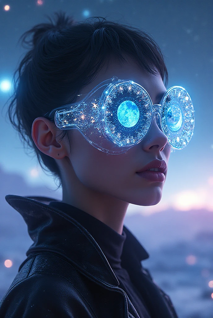 The model wears crystal sunglasses with stars and the moon in the glass