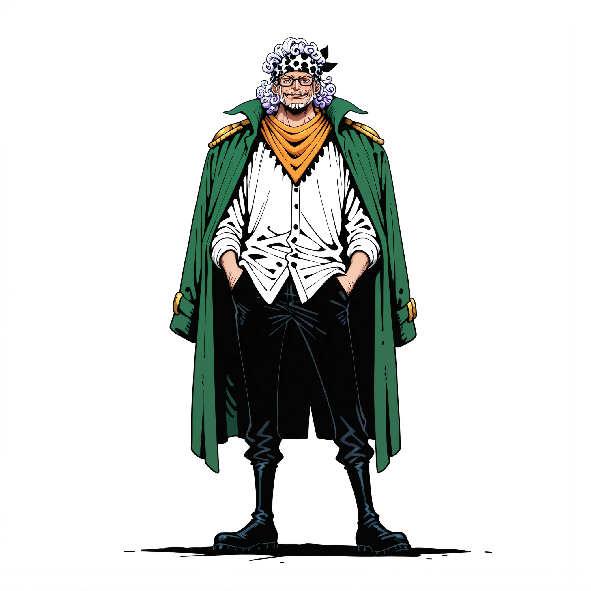 (male), (old man), (glasses), (curly hair), (bandana on head), (calm face), (hand in pocket pose), (solo), (single character), (full body version), (white background), (no background), (highly detailed), (shadow), (standing pose), (natural light), (detailed outfit), (detailed hand), (detailed face), (detailed hair)
Wearing a loose white shirt with a scarf around the neck, dark trousers, long boots, and a long green coat draped over the shoulders. (One piece style art)