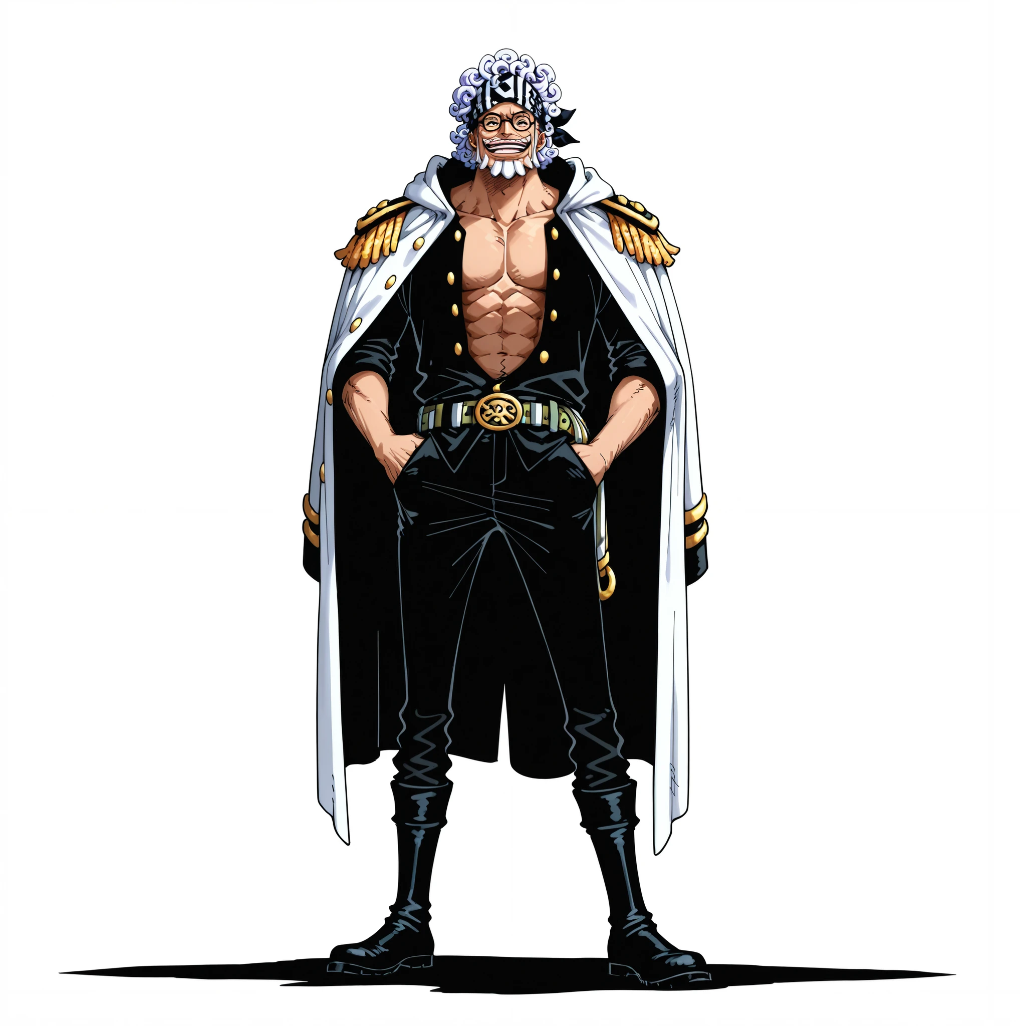 (male), (old man), (glasses), (curly hair), (bandana on head), (calm face), (hand in pocket pose), (solo), (single character), (full body version), (white background), (no background), (highly detailed), (shadow), (standing pose), (natural light), (detailed outfit), (detailed hand), (detailed face), (detailed hair)
Wearing an Admiral-style casual outfit with an open shirt exposing the chest, relaxed trousers, sleek belt, long boots, and a white Admiral cloak draped elegantly over the shoulders. (One piece style art)