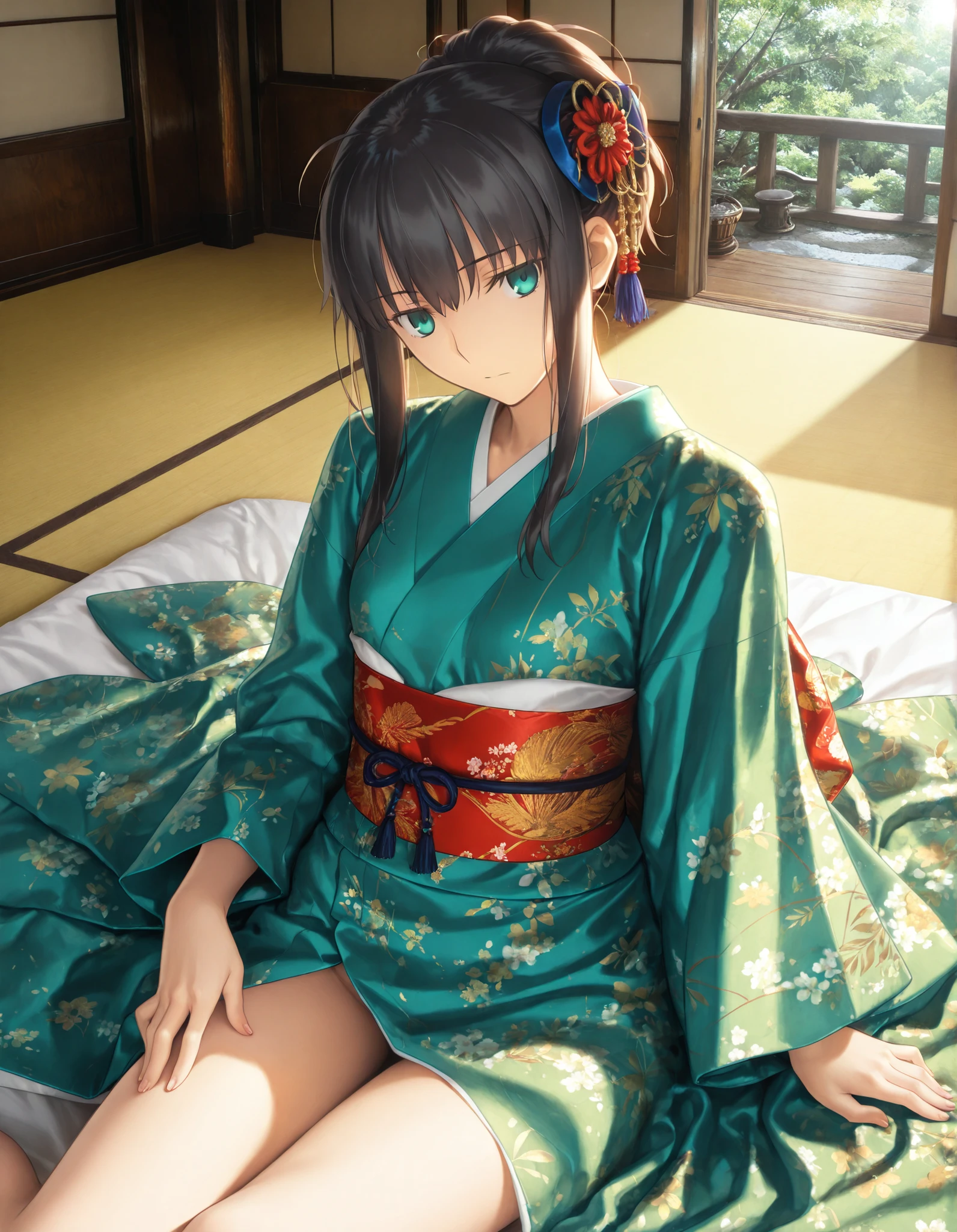 masterpiece, , absurdres, highres, detailed background, high resolution, masterpiece, necessary, detail, best quality, quality, necessary, details, High details, Precise, , sunlight, from above ,,close up face ,
1girl, (type-moon,) style, Takeuchi Takashi style, (aged up:1.2) ,() ,head tilt ,touching own thigh, , sitting (yokozuwari),
tall girl, 1girl ,solo ,(slim body, ),((long sidelock)), semi long hair, blue green eyes, jitome, black hair, ponytail, updo, hair_ornament, ((detailed green kimono)), beautiful kimono, , ,looking at viewer, ,(small breasts), flat chest, ((detail background)) ,