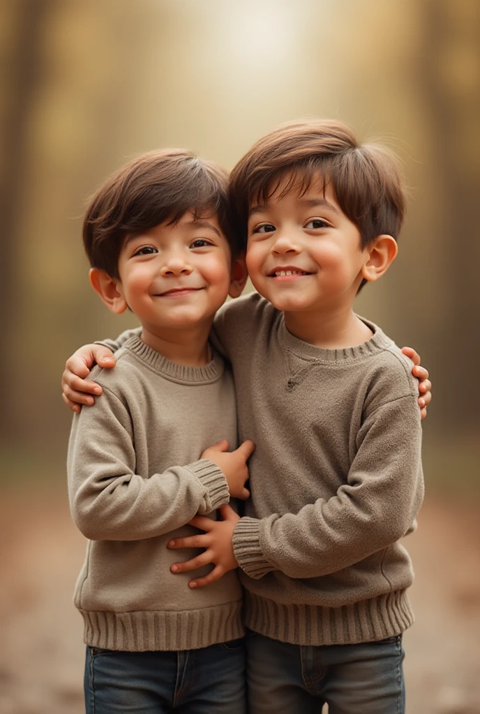 A 8 year boy, with tan skin, brown hair, red cheeks, and green eyes