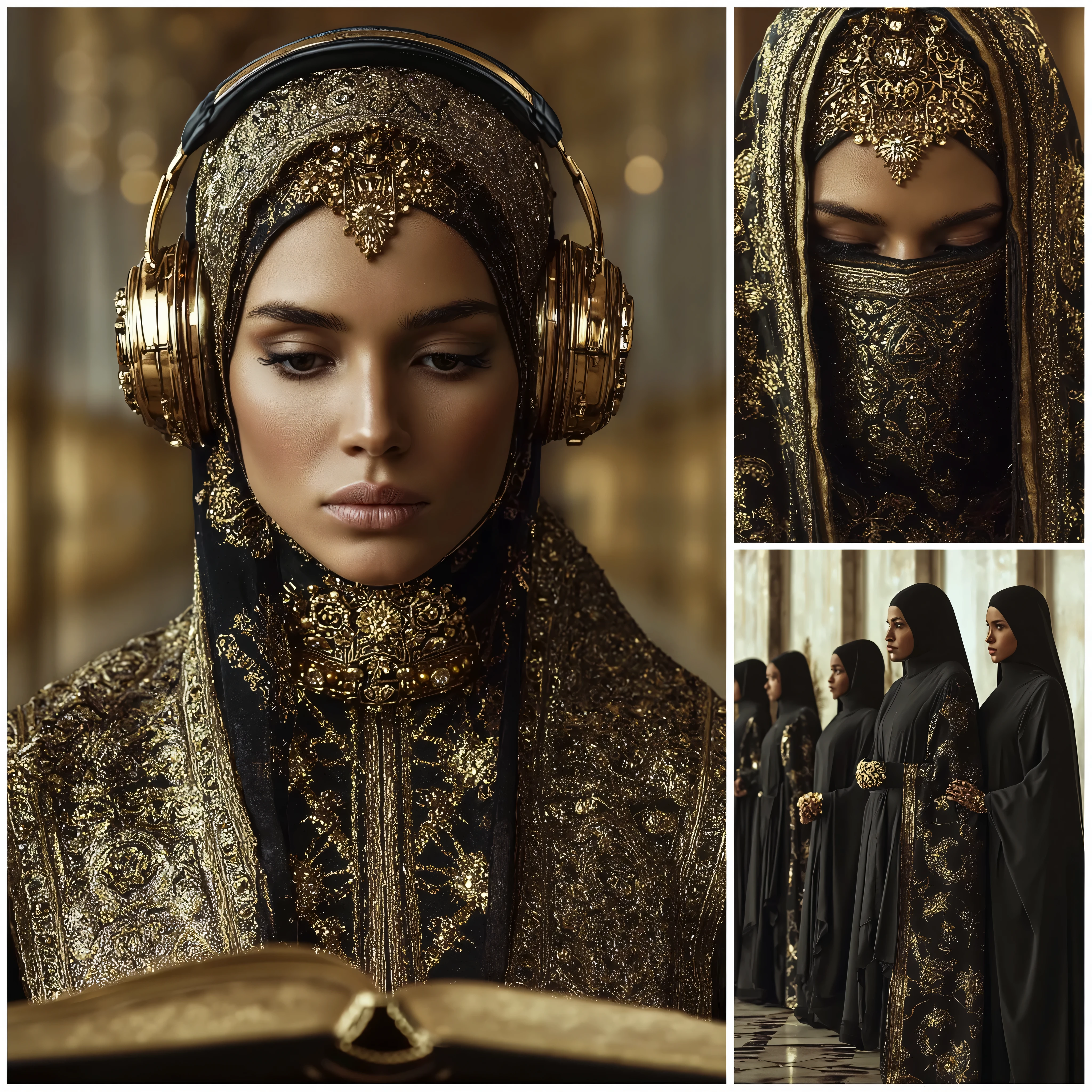 Realism,panoramic,cinematic quality,Very detailed,delicate light and shadow, luxury style ,Beautiful Style, Fashion Style ,Arab girl wearing a combination of tradition and style,Luxurious and beautiful Arabic burqa burqa robe,A stylish niqab veil and hijab headscarf adorned with gold Arabian patterns,luxury fashion headphones with luxury sci-fi style staying on her head,A young girl in a luxurious desk decorated with gold jewels,gloves with gold inlaid stones in black leather holding a book with gold letters,Her eyes are shy,I lost myself reading the contents of the book,The background was a luxurious golden palace and a row of maids in black robes bowed their heads and waited
