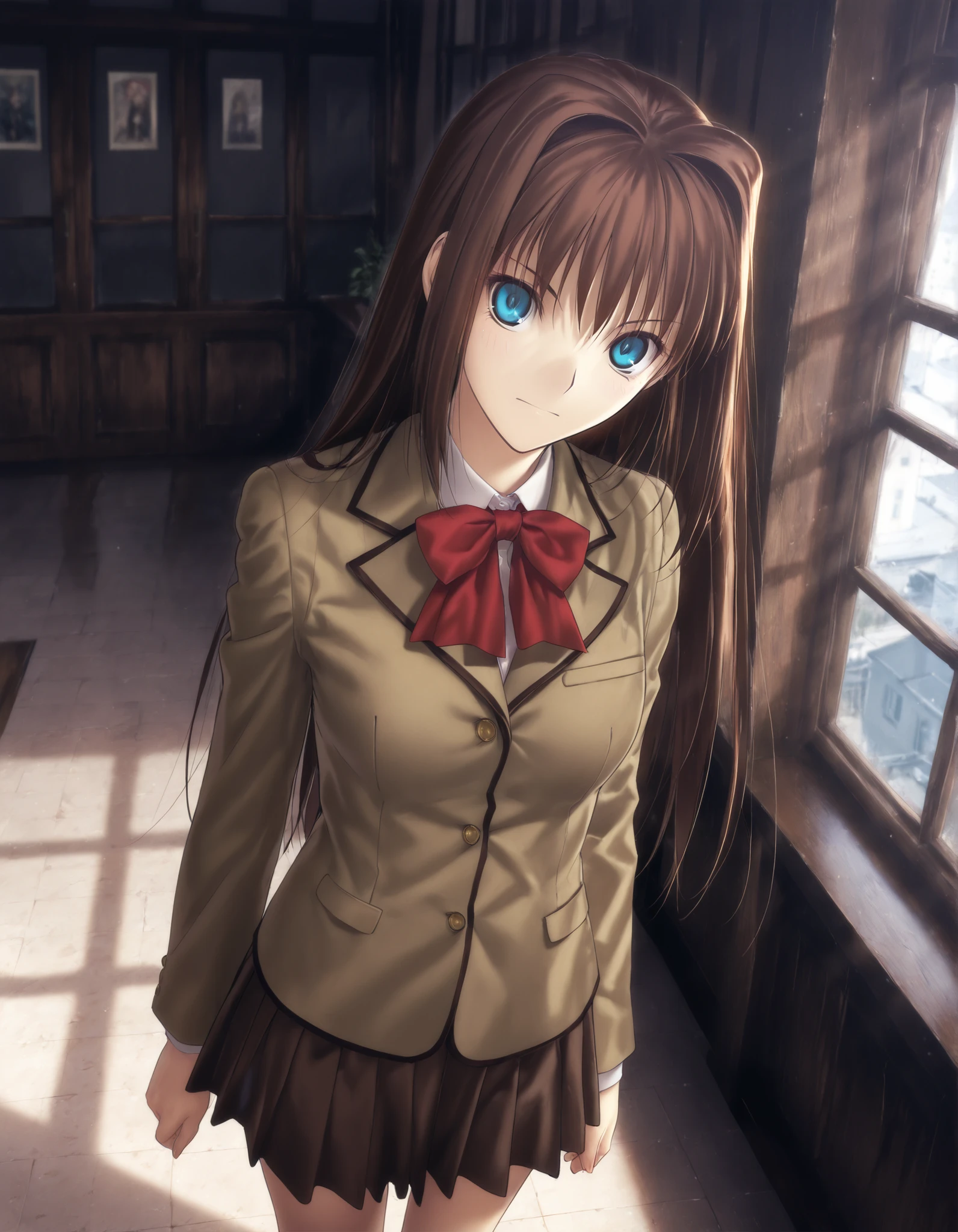 masterpiece, , absurdres, highres, detailed background, high resolution, masterpiece, necessary, detail, best quality, quality, necessary, details, High details, Precise, , indoors, dynamic angle ,from above ,, ,
1girl, solo, (type-moon,) style, koyama hirokazu style, (aged up:1.2) ,() ,head tilt , ,(), (),
tall girl, ,,(slim body, ),aozaki aoko, ,school uniform, brown hair, long hair, blue eyes, skirt, jacket, blazer, bow ,hair intakes , , , (), ,looking at viewer, ,(small breasts), ((detailed background)) ,