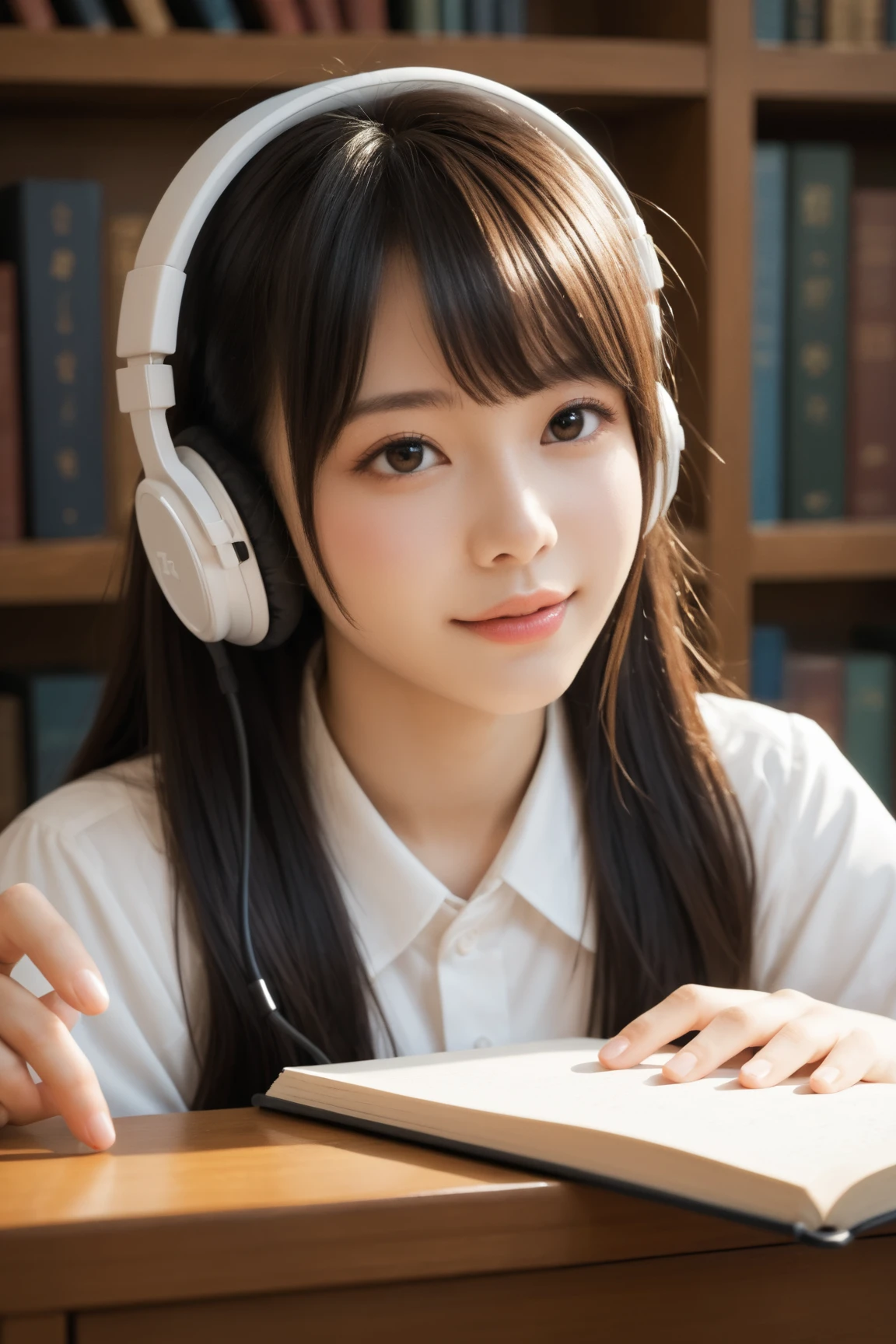 Beautiful girl studying in her room while listening to music with headphones　Warm lighting　Outside the room, cherry blossoms are blooming　Japanese anime style
