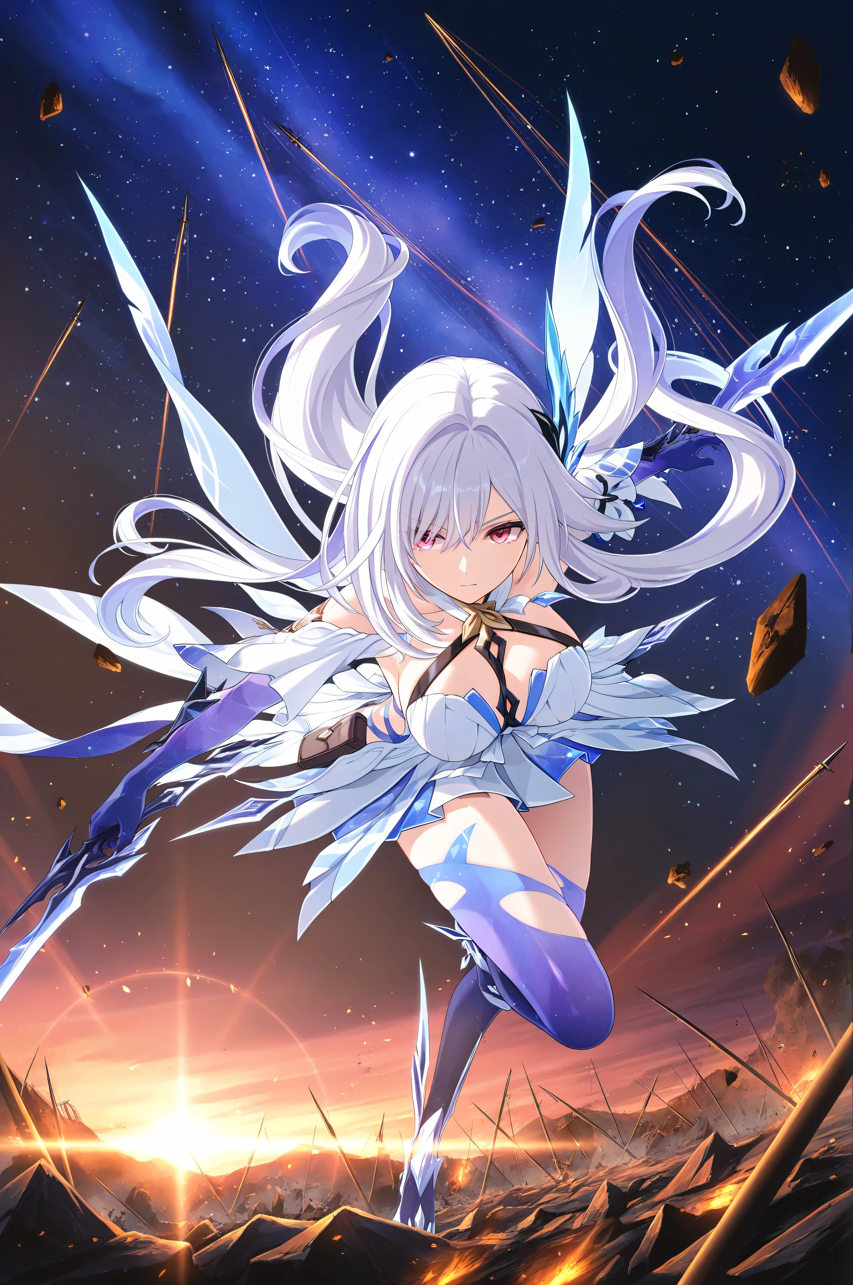 skirk_white,battle, starry sky, battlefield,highly detailed, ray tracing, best lighting, movie like composition, beautiful face, best quality, very beautiful, ultra-high resolution, detailed background, game CG, soft details, detailed viewing, solo, carefully crafted hair and eyes, advanced CG images.
