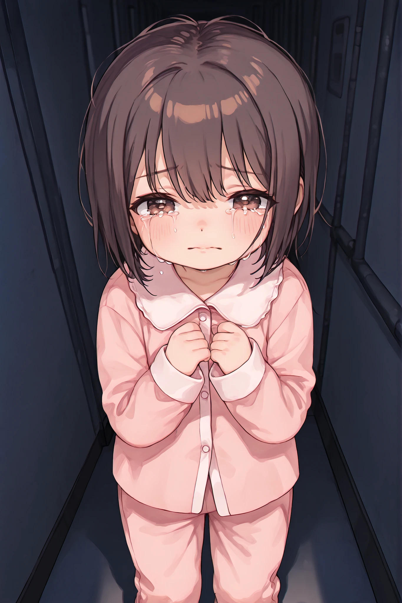 1girl, solo, anime girl, best_quality, detailed_background, child, little girl, short hair, brown hair, brown eyes, japanese, pink pajamas, crying, dark room, in hallway