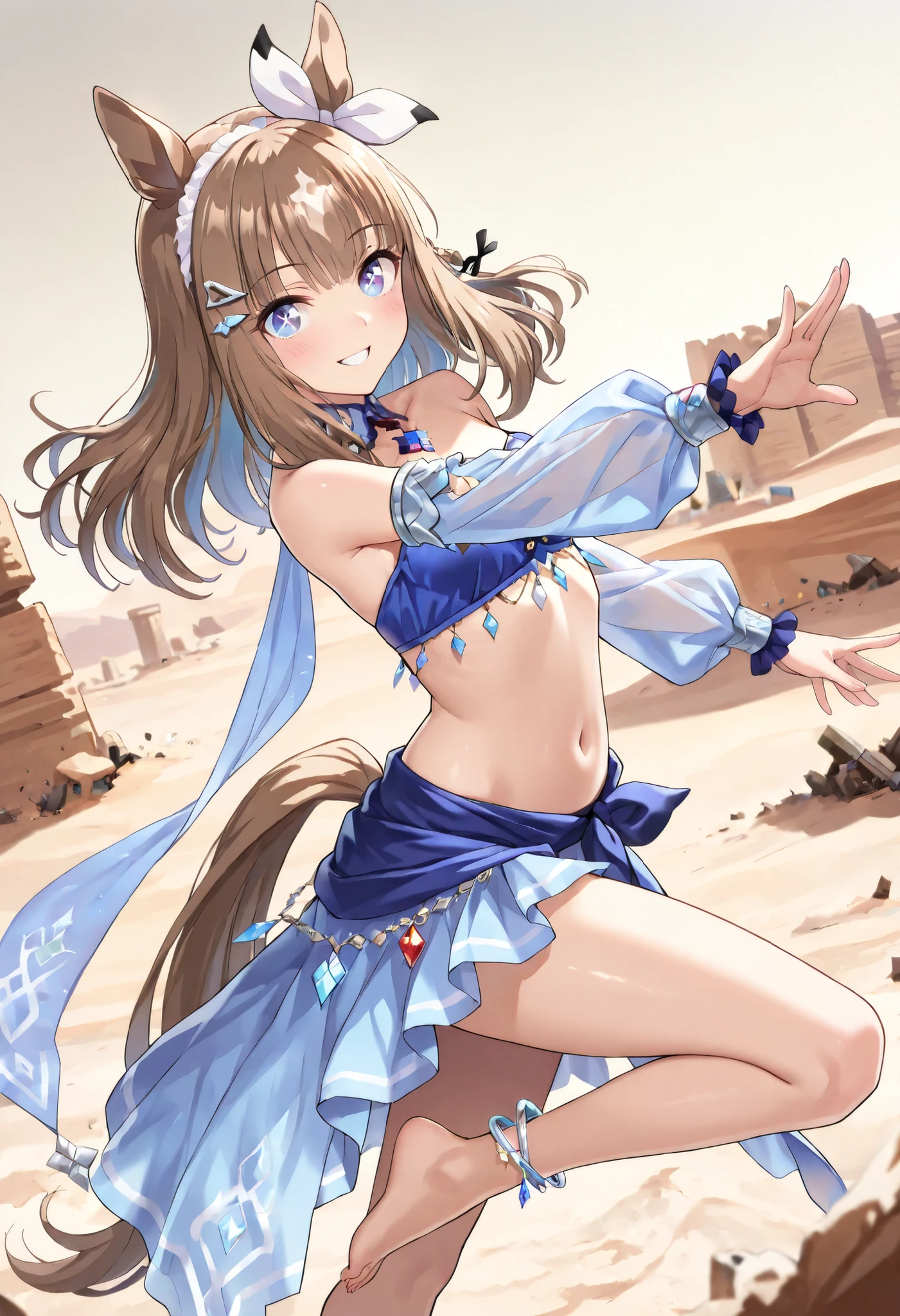 (masterpiece, best quality, perfect face:1.4), wide angle, almond eye \(umamusume\), white hair ornament, horse ears, horse tail, tail on the lower back, proportional body, proportional,1 girl, beautiful hair, beautiful face, beautiful detailed eyes, beautiful clavicle, beautiful body, beautiful chest, beautiful thigh, beautiful legs, beautiful fingers, looking at viewer, BREAK, blue dancer costume, translucent turquoise blue drapes, sheer blue veil, crystal accessories, silver armlet, silver hand chains, emerald decoration, stomach, navel, thighs, sparkling anklets, bare feet, BREAK, blush happy smile, textured skin, realistic skin, HDR, BREAK, a desert dancer, traditional dance pose, mysterious finger movements, perfect fingers, ancient desert ruins,
