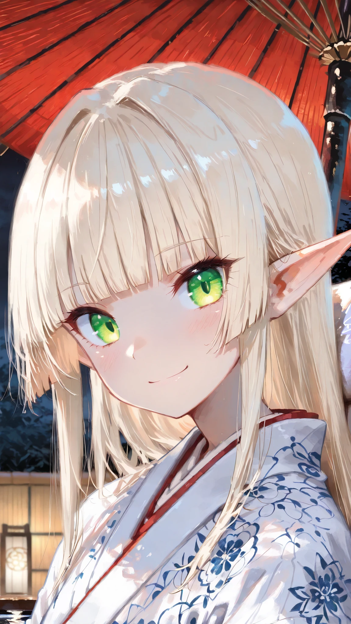 (masterpiece, detailed:1.2),highest quality, Ultra High Quality, k, Beautiful and delicate anthropomorphic girl, elf girl, light gold hair, beautiful eyes, perfect eyes, cute face, cute green eyes, thin, (elf ear), 20 yo, best smile,  ((Flat chest)), ((hime cut)), Long pointy sideburns,
((A Japanese-inspired kimono dress outfit with intricate blue and white detailing)),
BREAK.
soaking feet asiyu, ((tilt side head)), Tuck up the hem, Sitting on the edge of a asiyu, chair covered with red cloth, ((a low chair on the edge of a hot spring)), chaise lounge, lap cover skirt hold, ((asiyu)), Planted one Large  Japanese Umbrella, red Umbrella,
BREAK.
((Close-upper body)), ((side view)), sharp focus, Japanese garden background, shallow depth of field, refreshing atmosphere background, beautiful natural lighting, moon light, night atmosphere, 23:00, perspective, (detailed lighting), ((dark lighting)), mid night, rim lighting, ((sharp focus)),

