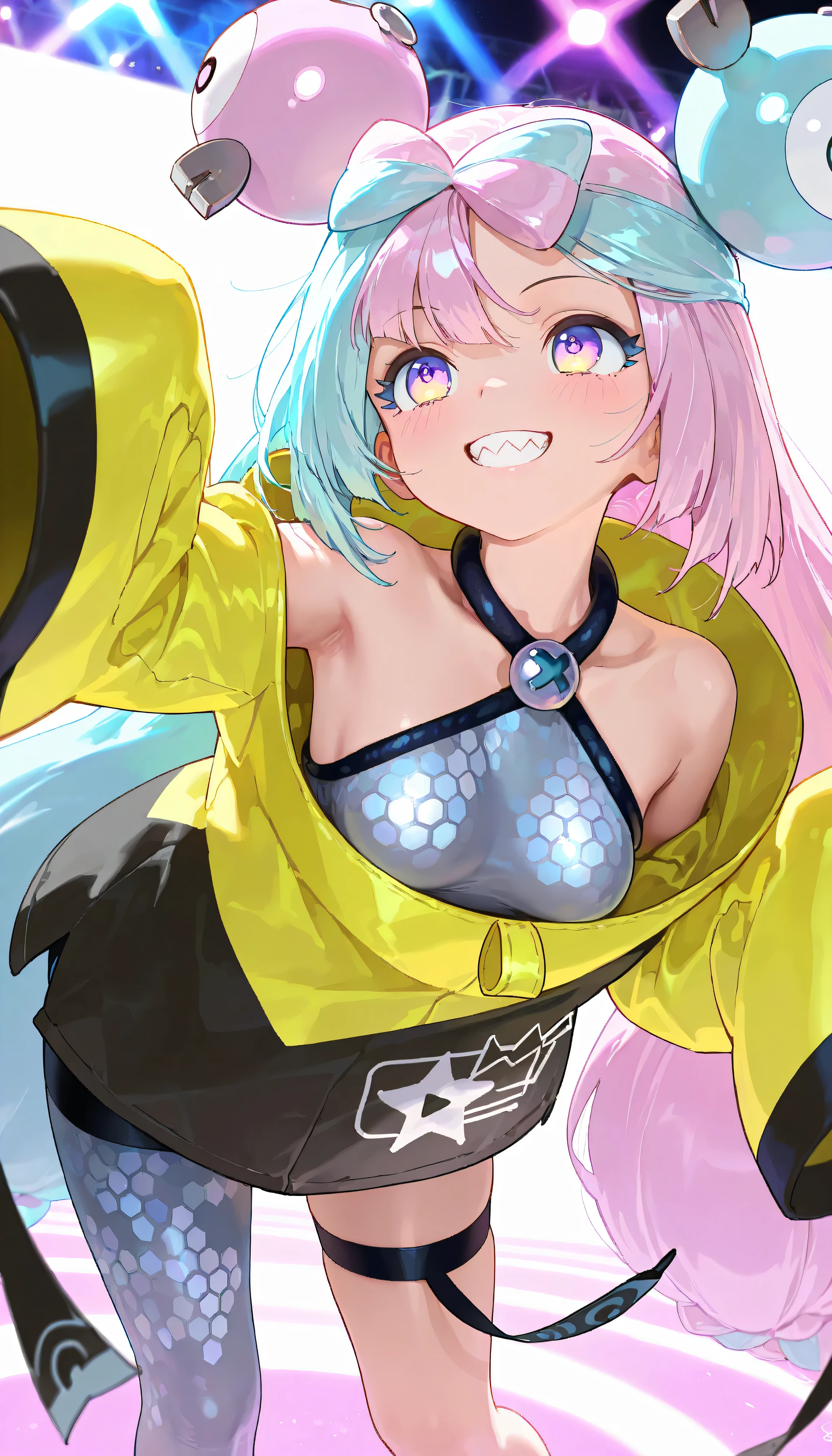 high resolution picture, masterpiece, best quality, amazing quality, solo, 1girl, rosa,iono,smile,small breasts,live stage,lighting